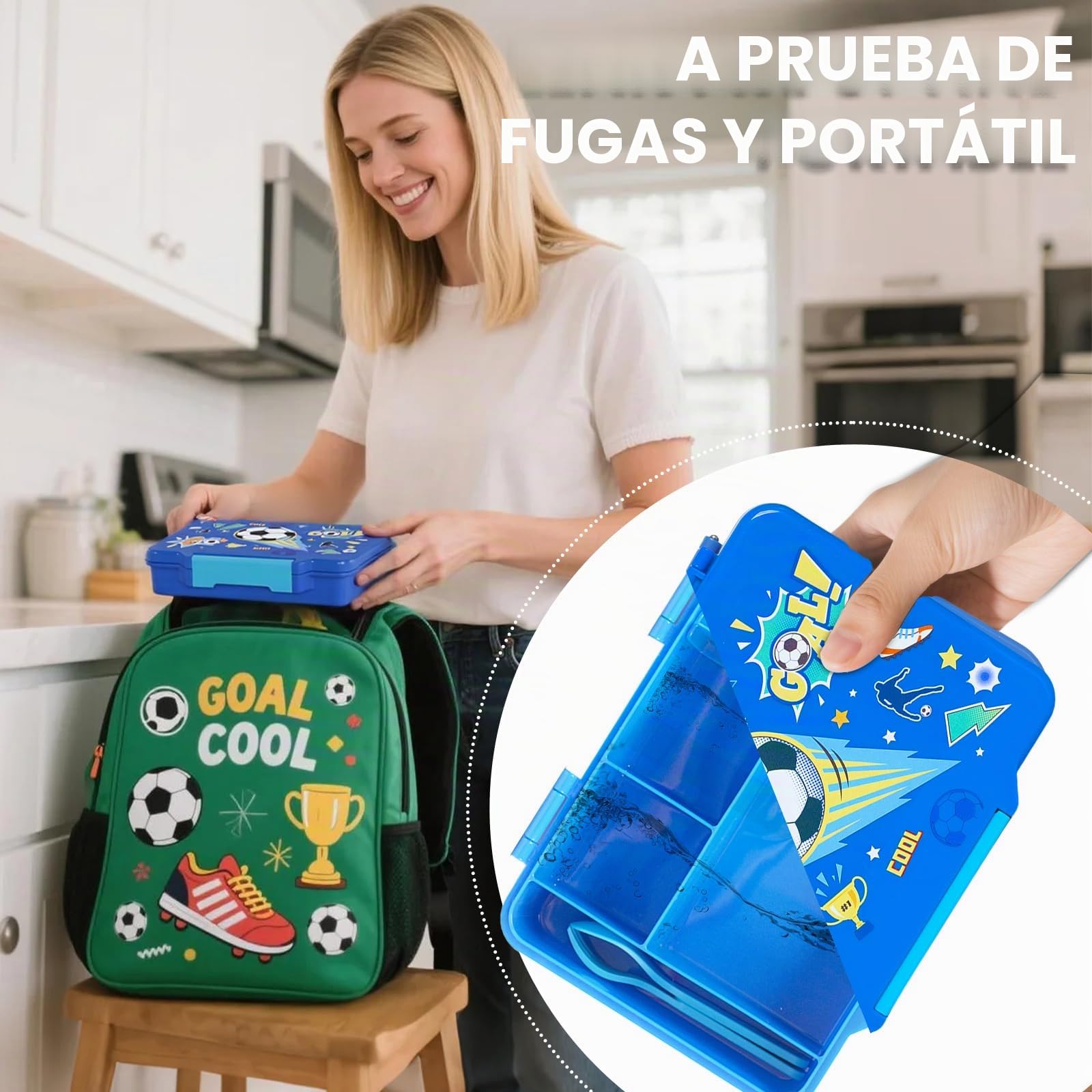 PinkSheep Fiambrera para niños de 1330 ml, contenedores de comida para niños sin BPA, a prueba de fugas con 5 compartimentos, volver a los escolares Daycare Fiambreras/Snack Contenedor (fútbol)