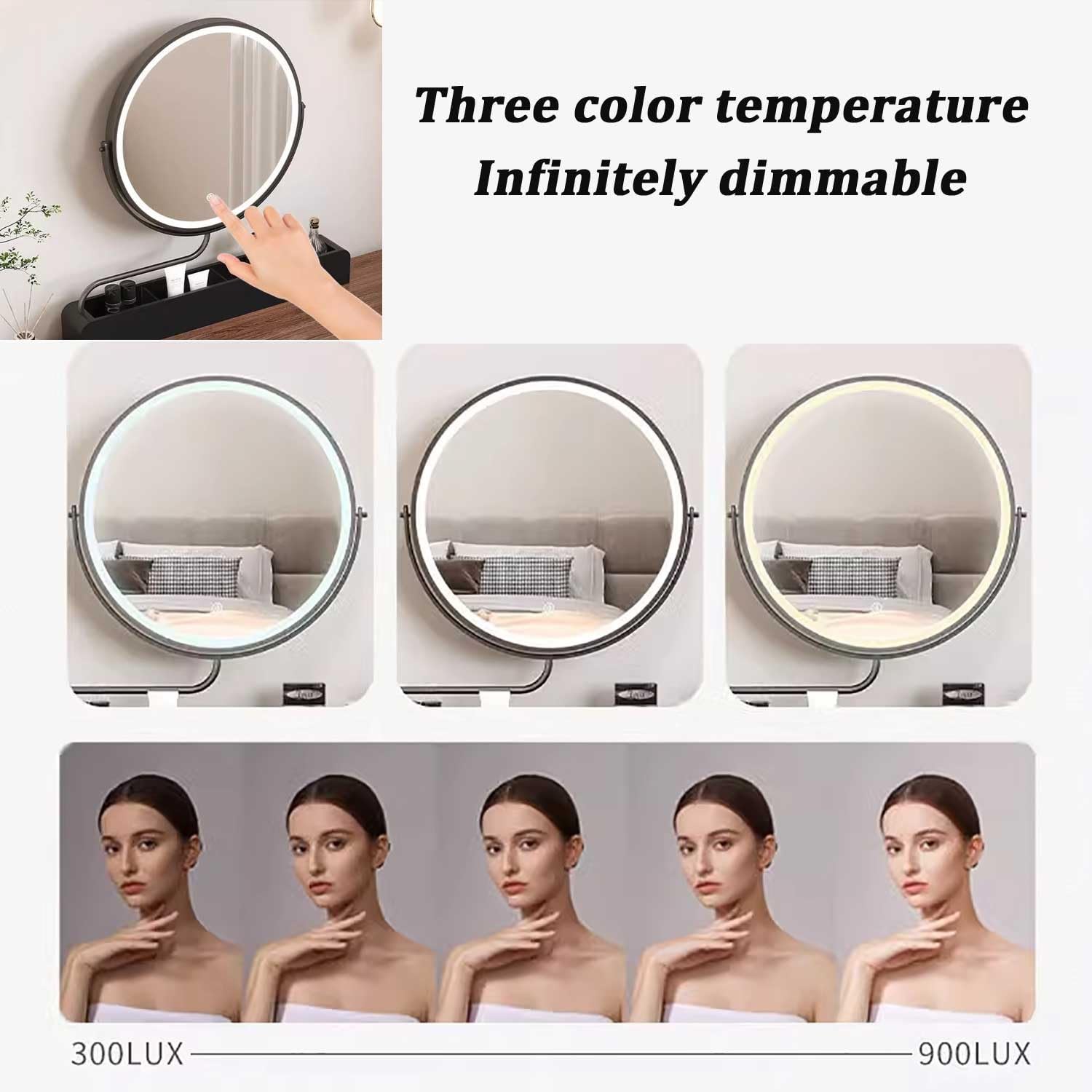 LED Cosmetic Dresser Mirror Dressing Table Vanity Mirror White Rustic Circle 360° Rotating Metal Frame for LivingRoom Bedroom Entryway Room(Black)