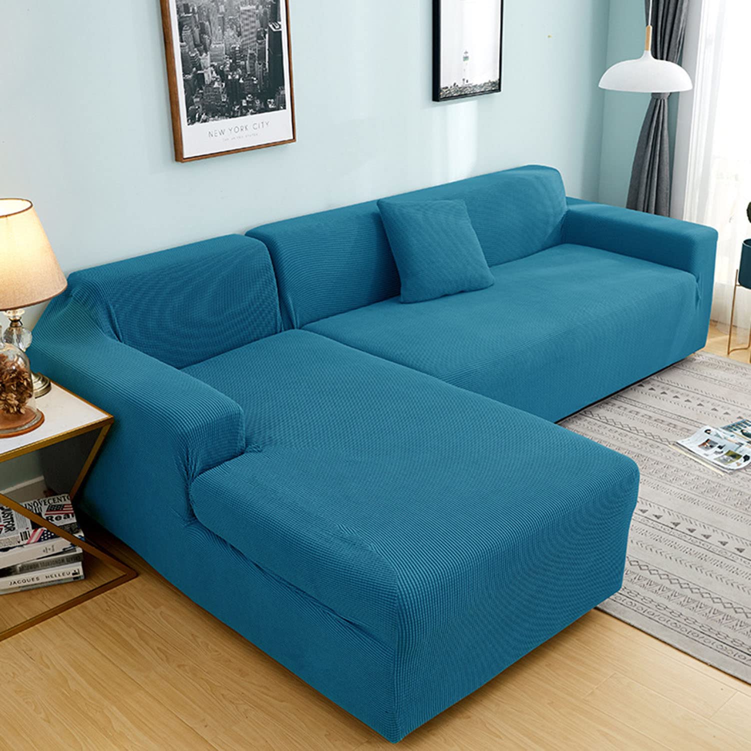 Housse de canapé en L jacquard bleu 3 places pour un salon moderne