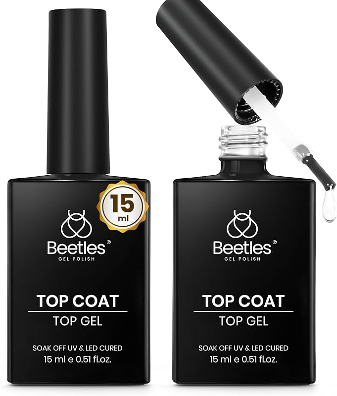 Beetles Gel Top Coat, 2Pcs 15ml Top Coat Gel Nail Polish No Wipe Clear High | Gloss Shiny Long-Lasting Soak Off Nail Lamp, Home DIY Manicure and Nail Salon Gifts for Women