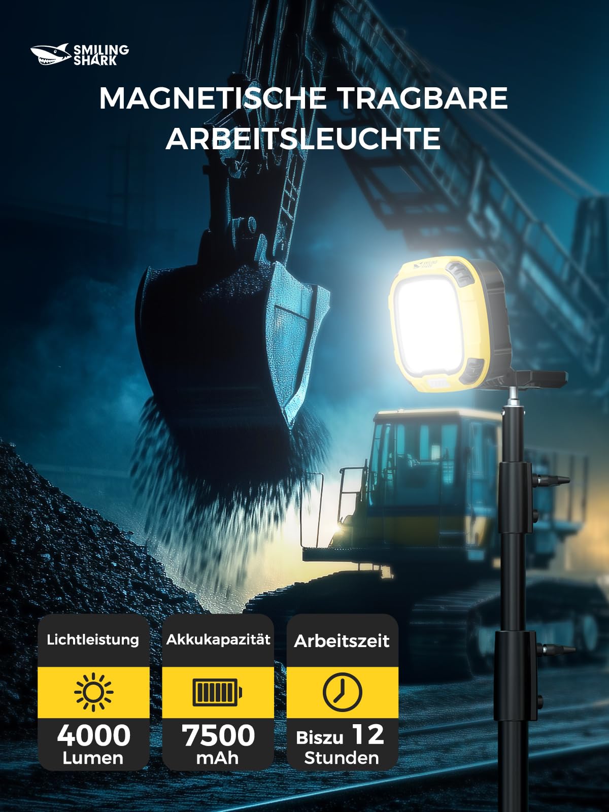 Smiling Shark Arbeitsleuchte, 4000 Lumen LED Werkstattlampe 7500 mAh Wiederaufladbare 18 Modus Licht Wasserdicht COB Werkstatt Lampe mit Magnet für Working Reparatur Garage Camping Outdoor