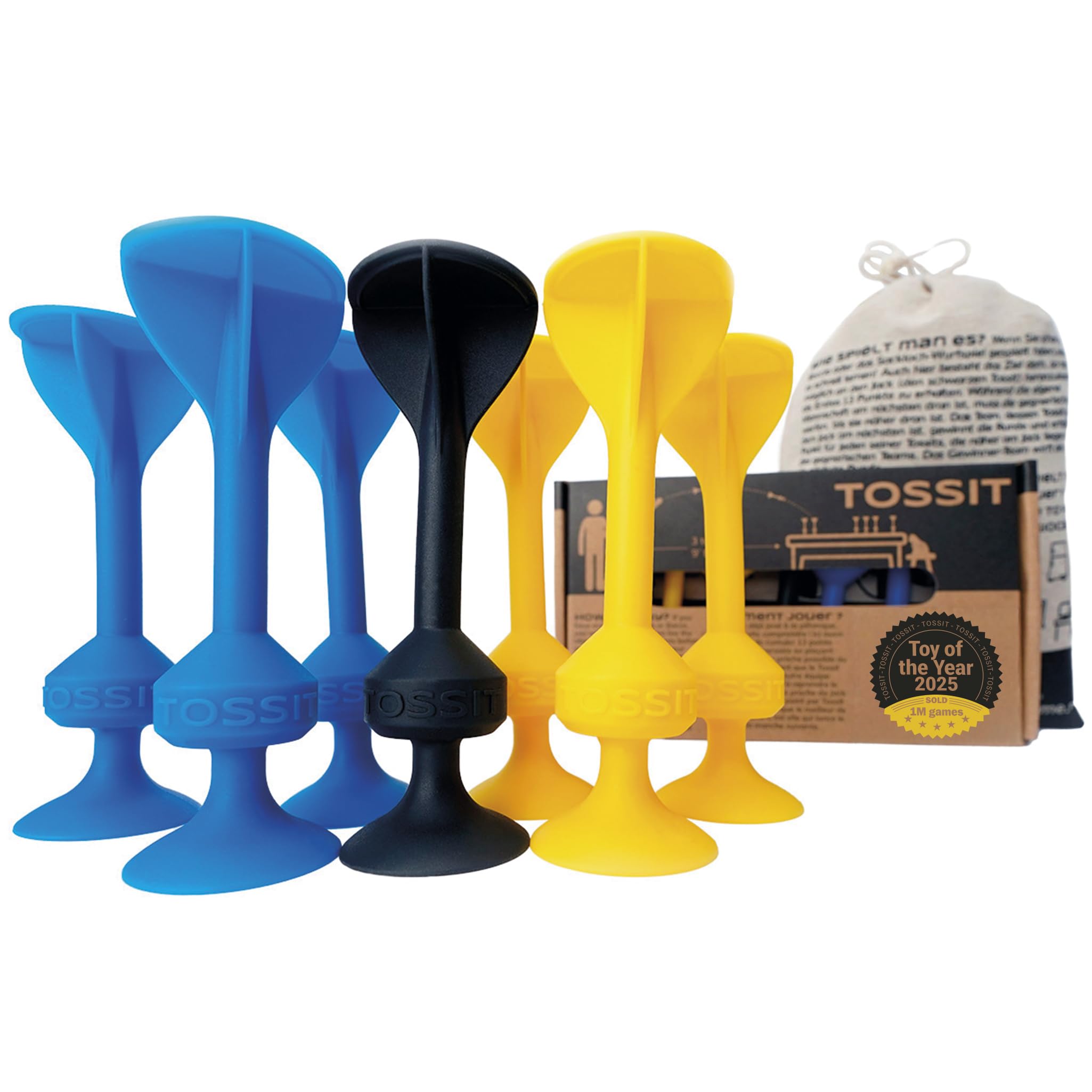 TOSSIT Spiel Saugnapf Darts, Indoor Outdoor Drinnen Draußen, Boccia, Petanque, Wurfspiel, Nachhaltig langlebig Silikon, Boden oder Wand, Starter Pack, Blau Gelb