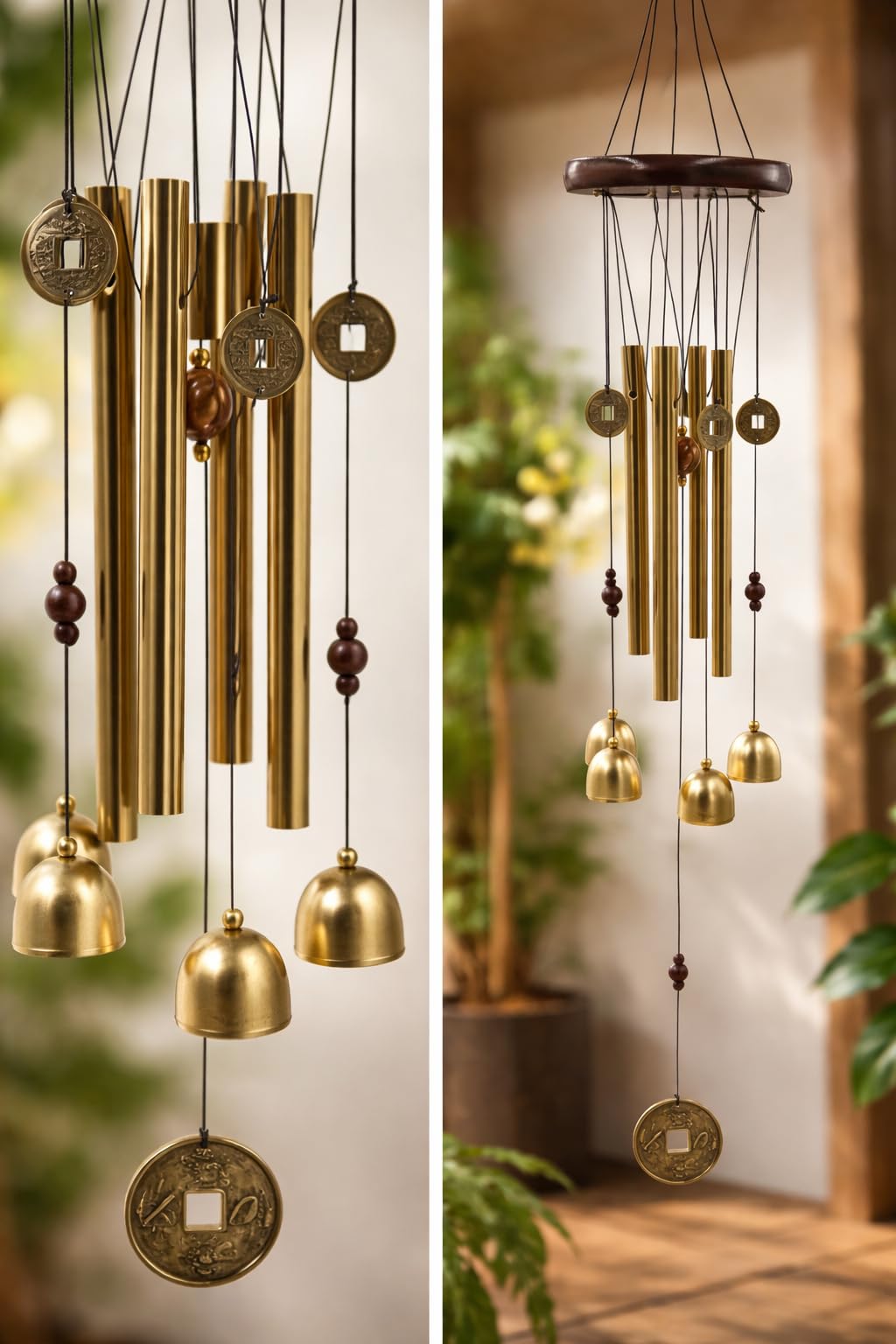 Traditional Wind Chimes with Metal Bells, Wooden Top, Lucky Coin Pendant, 18-inch Length