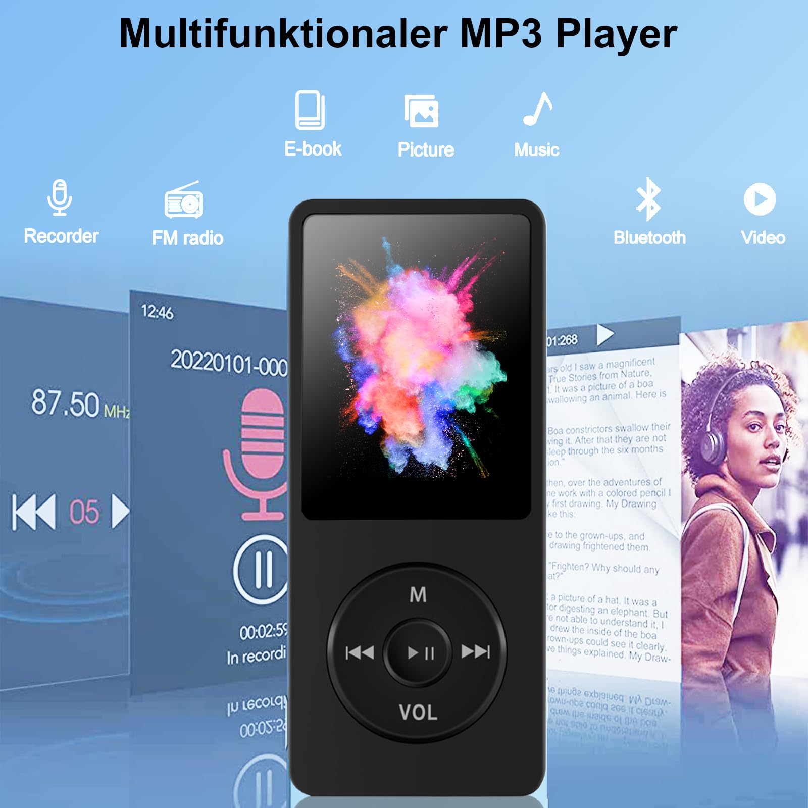 MP3 Player mit Bluetooth 5.0, 64 GB Speicher, FM-Radio, Sprachaufnahme, HiFi-Sound, E-Book, inkl. Kopfhörer, Mini-Größe, Gewicht 27g, erweiterbar auf bis zu 128 GB SD-Karte