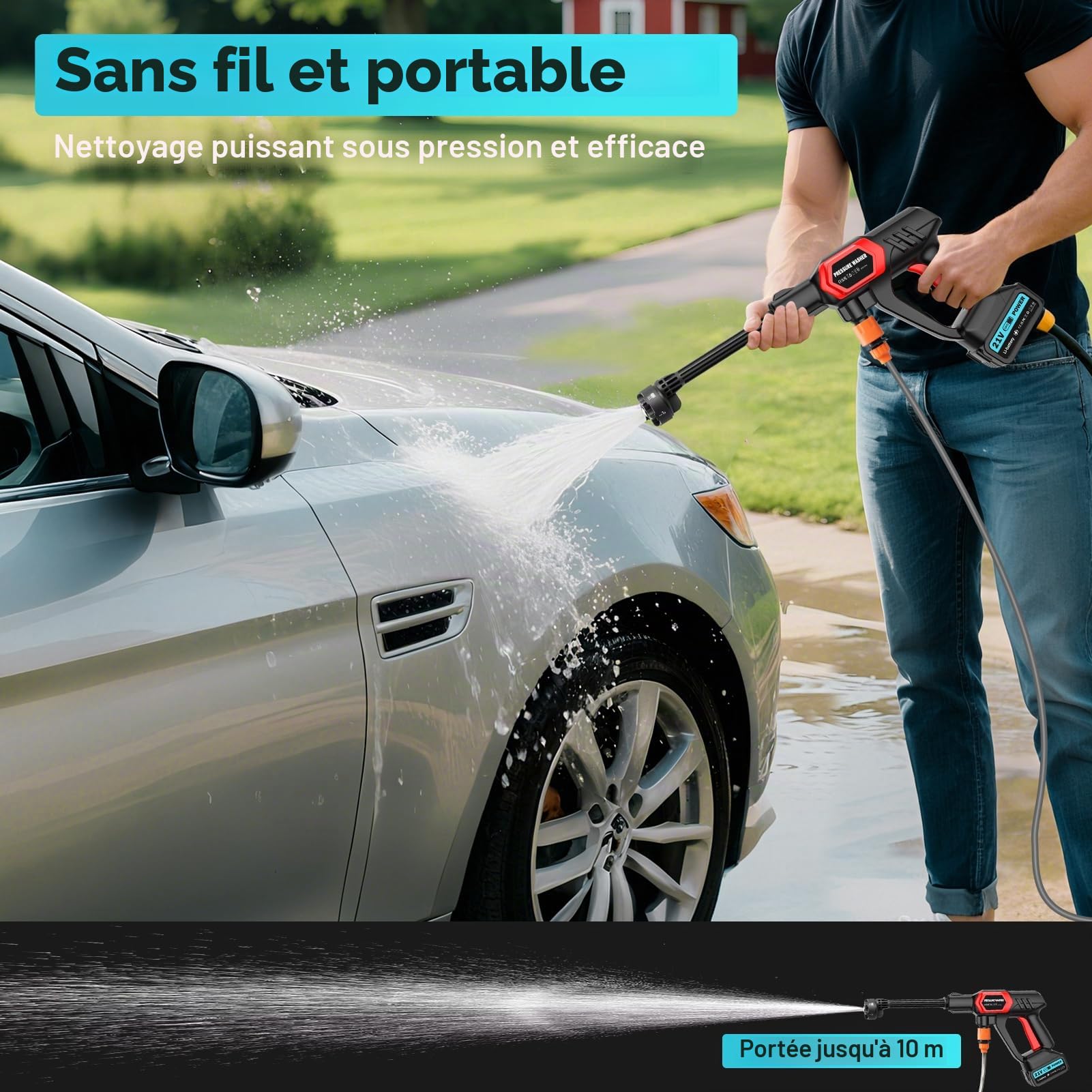 Nettoyeur Haute Pression sans Fil, 21 V, 80 Bar, Portable, avec 2 Batteries, buse Multifonction 6 en 1, Tuyau de 5 m, réservoir filtrant, pour Voiture et terrasse
