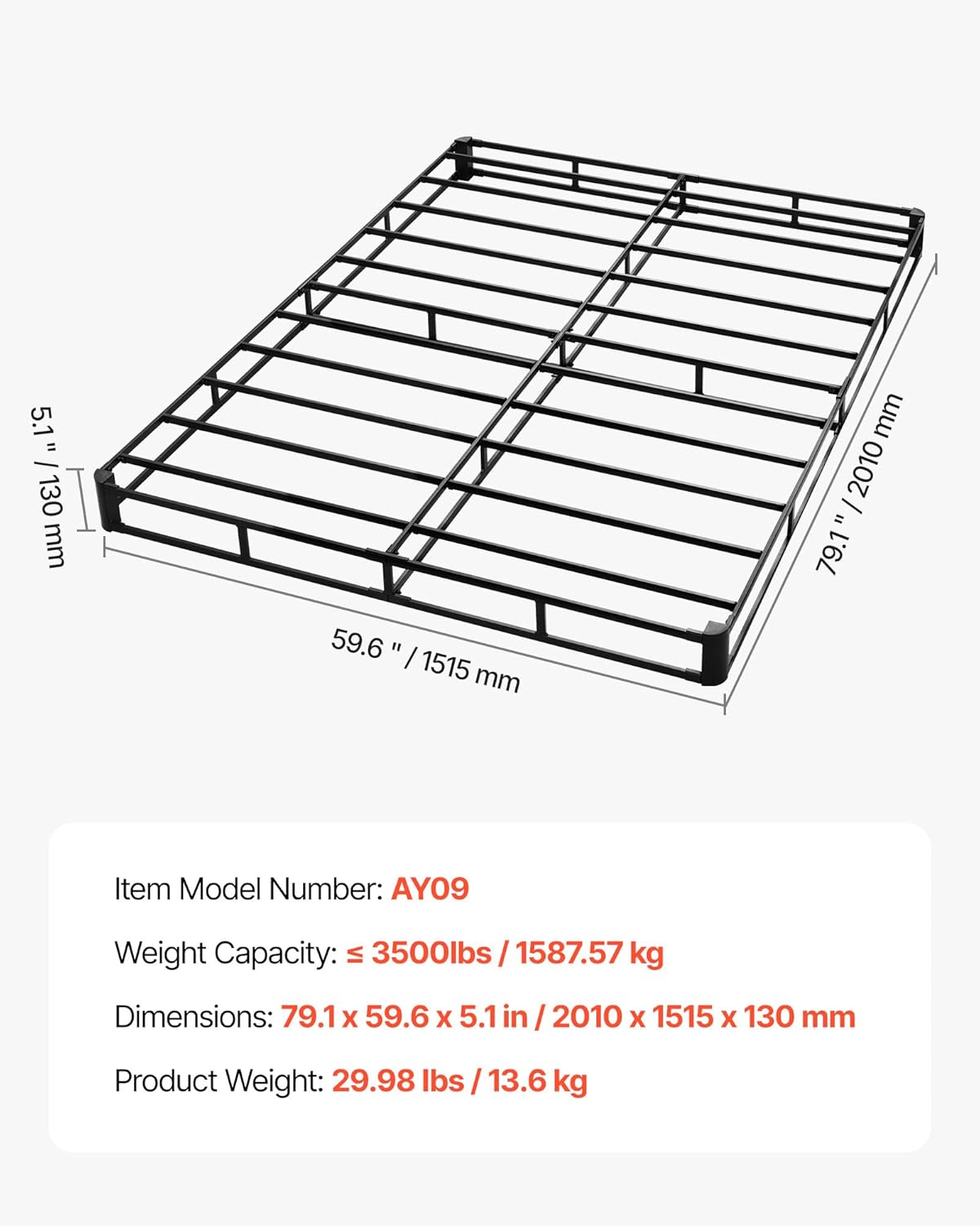 VEVOR Box Spring, Queen Size Bed Frame with Washable Fabric Cloth, Heavy Duty Metal Frame for Queen Bed, 5.1 in Mattress Foundation, 3500 lbs Max Weight Capacity, Easy Assembly, 79.1 x 59.6 x 5.1 in
