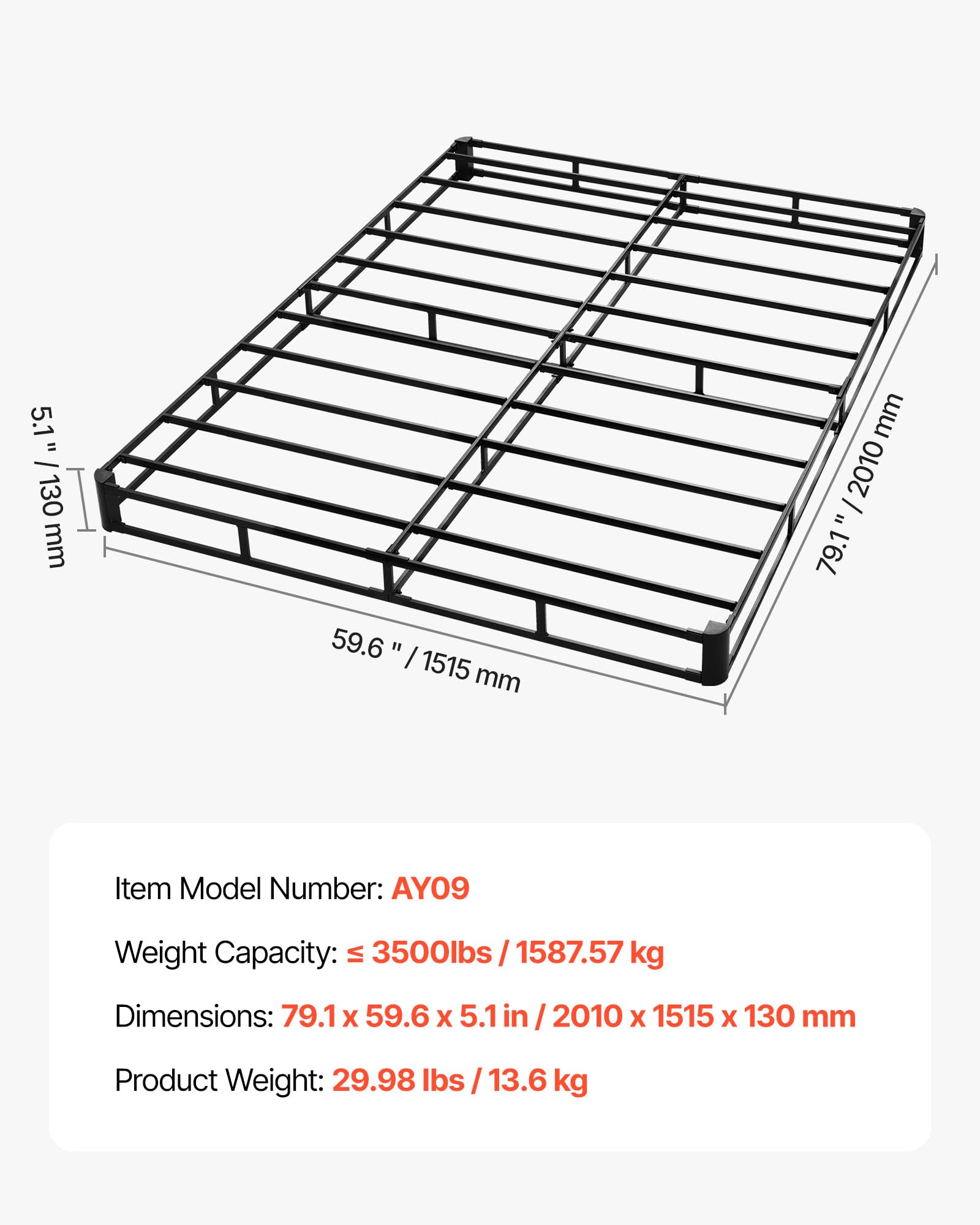 VEVOR Boxspringbettgestell (Queen-Size) mit Waschbarem Stoffbezug, Metallrahmen (2010 x 1515 x 130 mm) für Queensize-Betten, 13 cm Matratzenauflage, Max. Belastbarkeit 1587,57 kg, Matratzenfundament