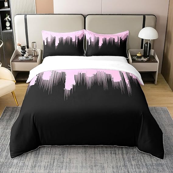 jejeloiu Kids Pink Black Bedding Set King Size Ombre Stripes Duvet