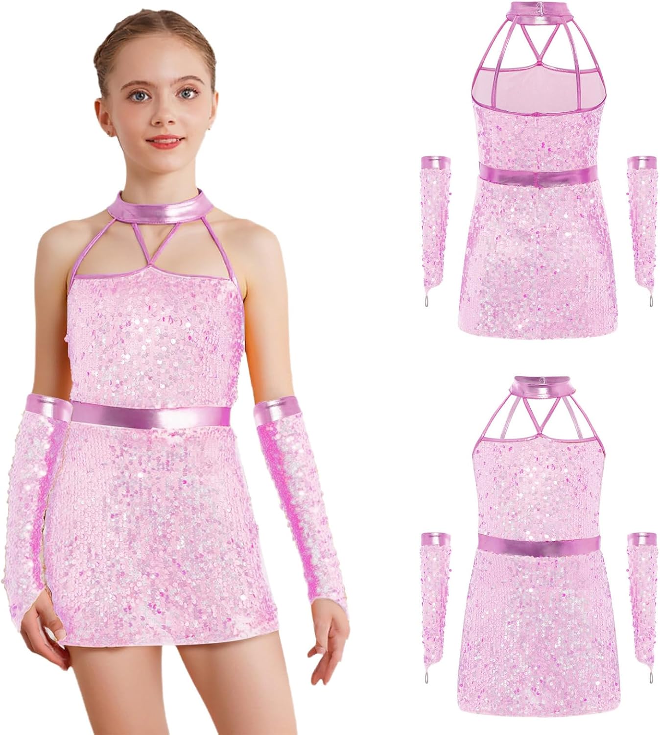 Loyan Kids Girls Stage Performance Dance Outfits Latin Hip Hop Jazz Dance Dress with Gloves Ballroom Dancewear