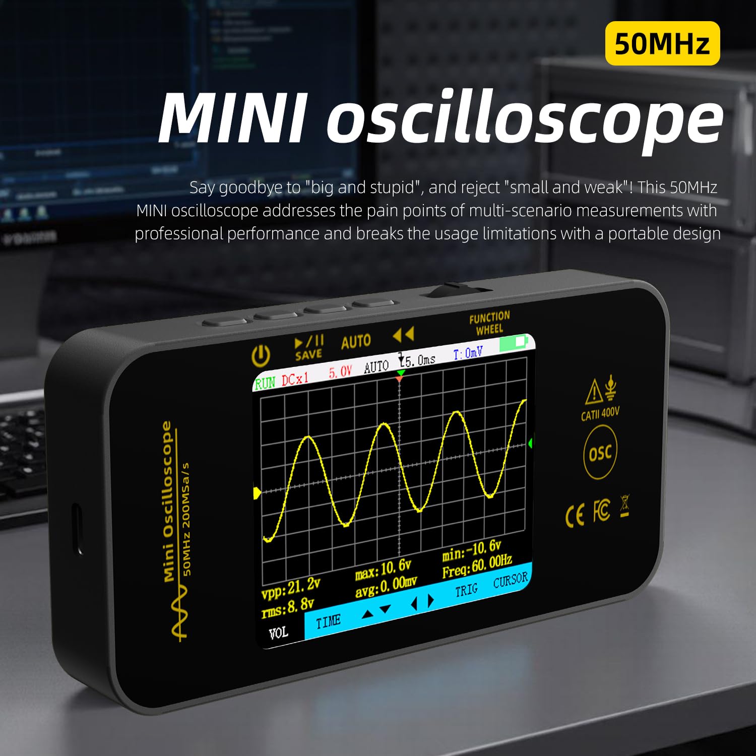 BSIDE OT5 Handheld Oszilloskop 50MHz Bandbreite Digitale Oszilloskope 3.2'' TFT Display Tragbares Oszilloskope Automotive Oszilloskop 200MSa/s Abtastrate Trigger Funktion Auto/Nomal/Single