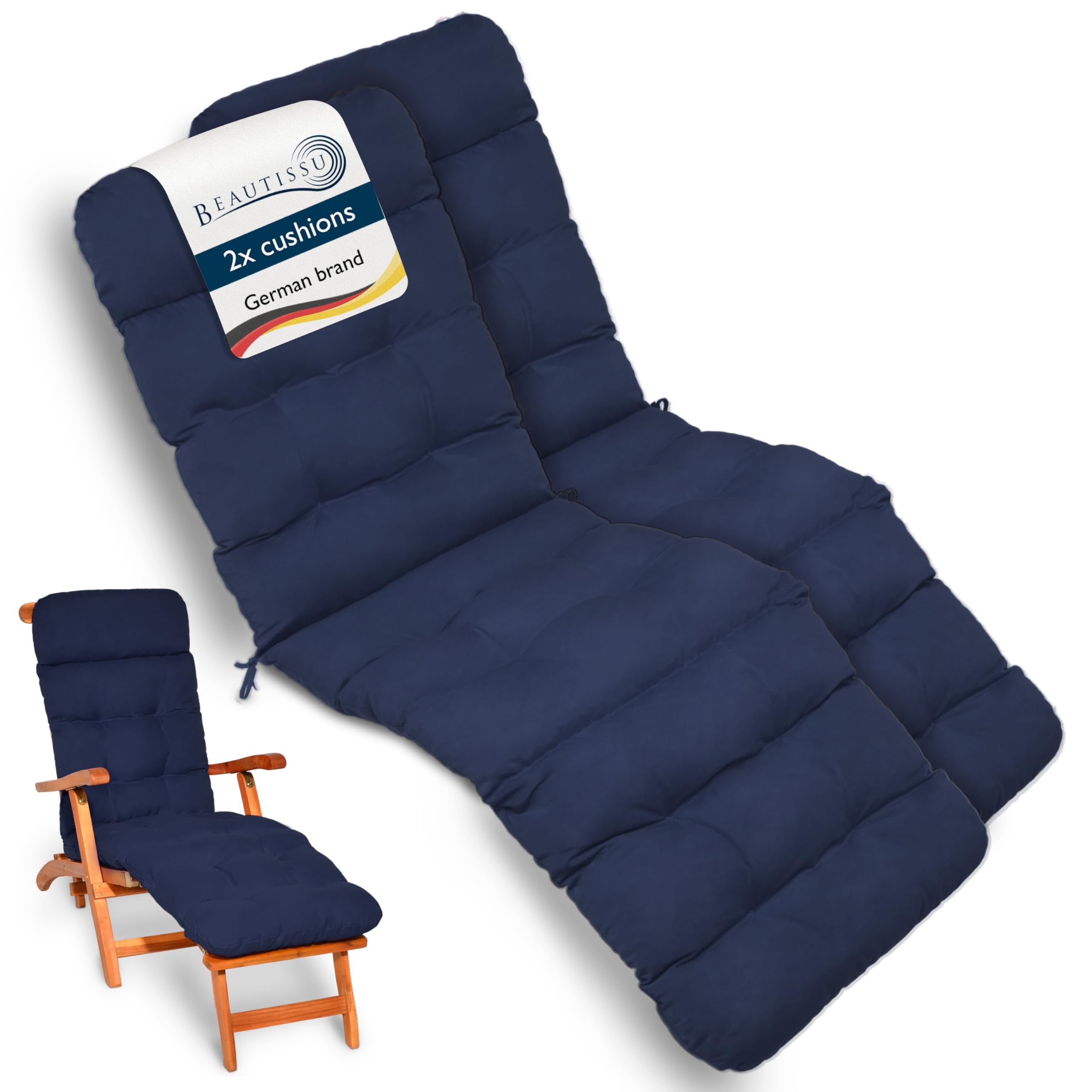 Beautissu 2x Deck Chair Sun Lounger Cushion 200x50x8cm Flair DC – Outdoor Garden Recliner Sunbed Steamer Chair Cushions for Patio Garden Terrace Balcony Dark Blue — image 1