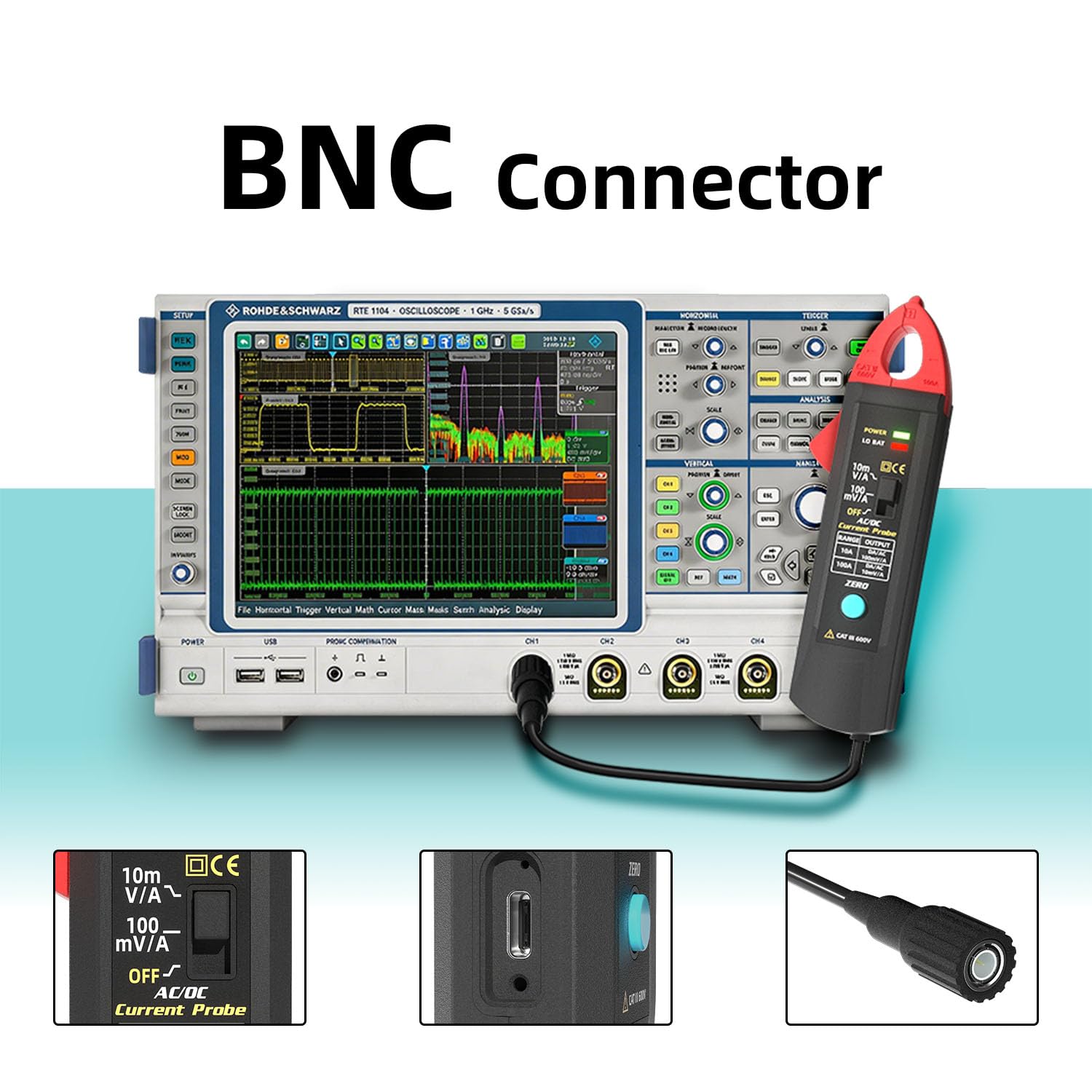 BSIDE UP1 AC/DC Strommesszange für Oszilloskop 10mA–100A, 20KHz, Oscilloscope Stromzange Wiederaufladbar mit BNC-Anschluss und Tasche