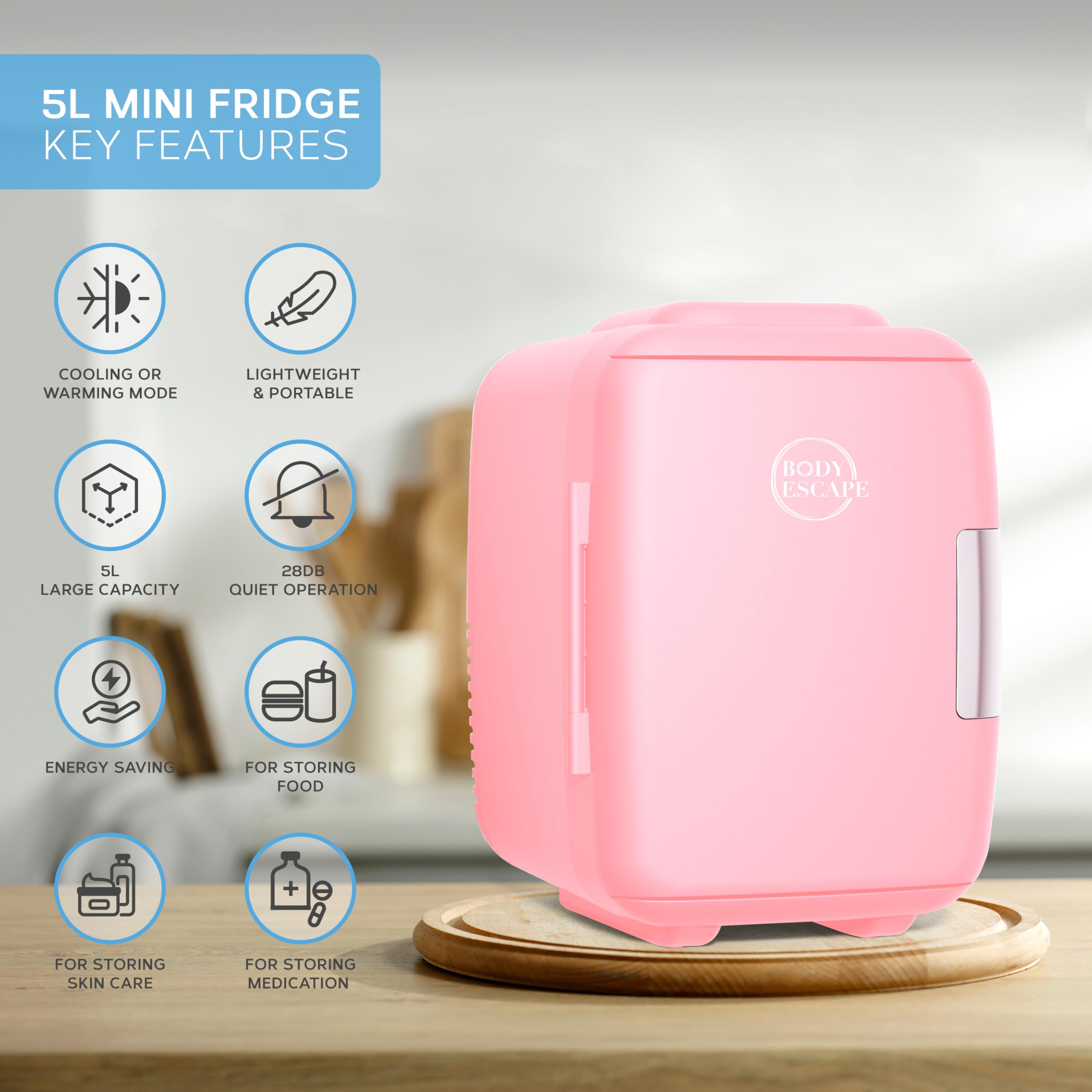 Body Escape Mini Beauty Fridge for Skincare - Birthday Gifts for Her - Retro, Portable, Compact and Quiet Small Fridge for Makeup - 5L - Pink Mono