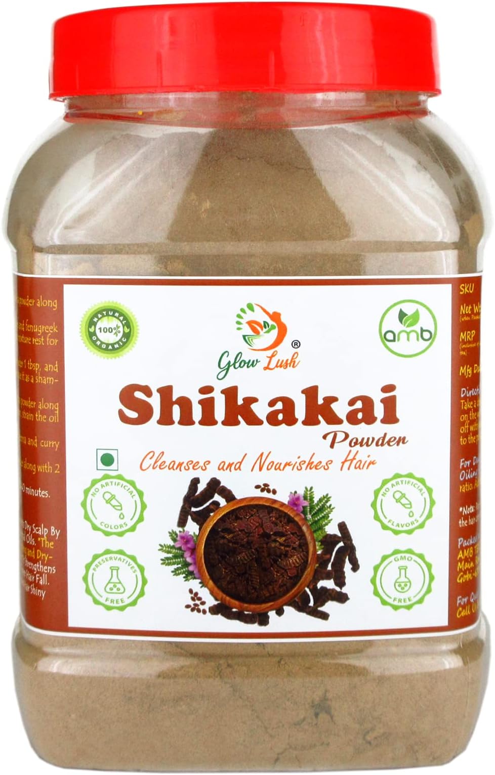 Glow Lush Shikakai Powder (500g) for Herbal Hair Wash, Hair Cleansing and Conditioning.
