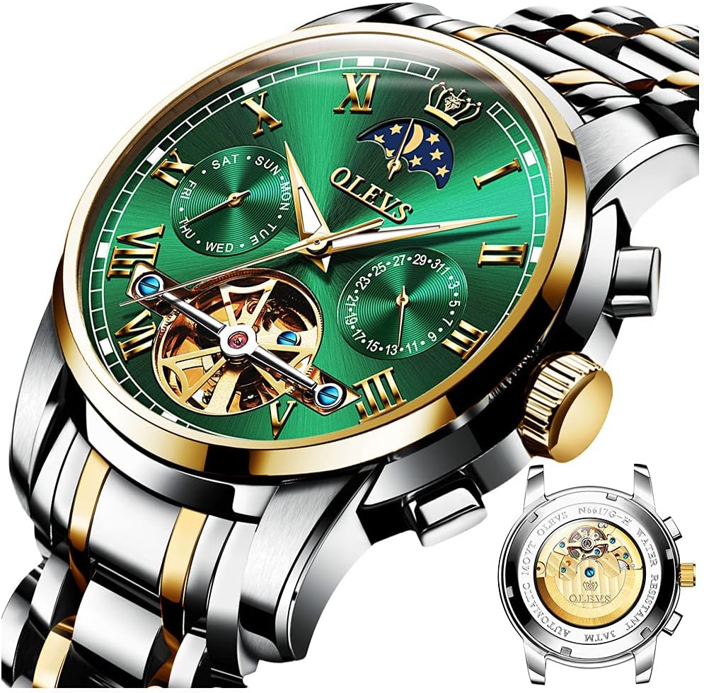 OLEVS Couple Pair Watch Automatic for Men and Women His and Hers Watches Set Gifts Mechanical Self-Winding Tourbillon Big Face Dress Wristwatch with Day Date Calendar Two Tone