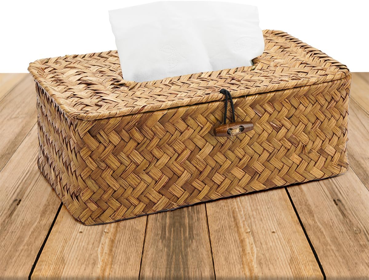 Rectangular Seagrass Tissue Box, Handwoven Cosmetic Tissue Boxes, Tissue Holder, Decorative Woven Paper Holder, Rattan Storage Basket with Lid for Dining Room, Car, Office, 23 x 13 x 9 cm