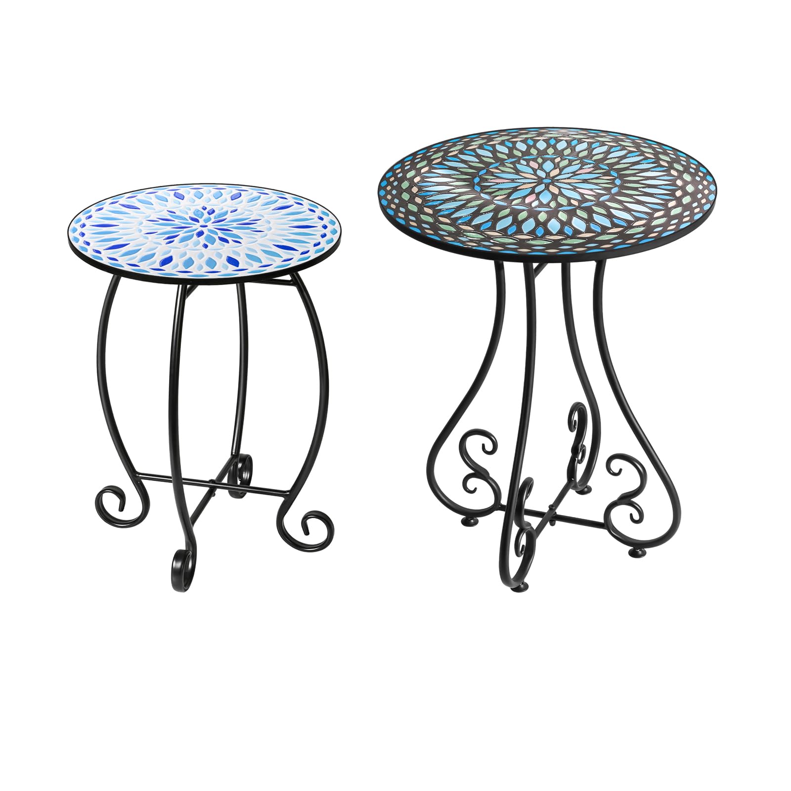 14-in and 18-in Indoor Outdoor Side Table, Unique Relief Ceramic Tile Tabletop with Metal Frame