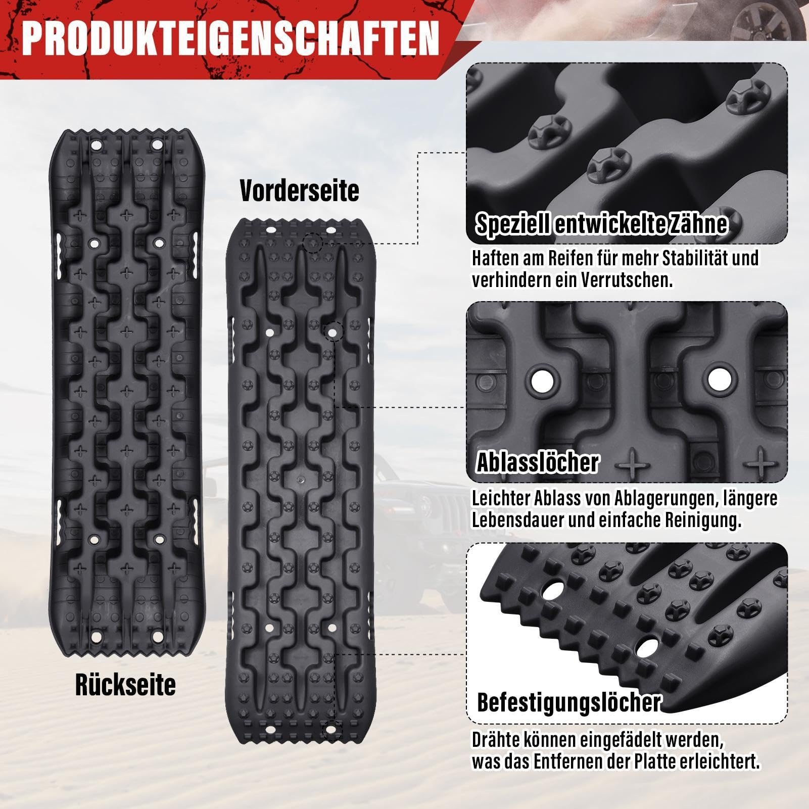 Bergebrett 10000 kg Sandbleche 2 Stück 104,5x28.5x6cm Geländekonsole mit U‑Profil & doppelseitigen Stollen Anti‑Rutsch Matte für Auto SUV LKW Schnee Sand Schlamm Pannenhilfe Schwarz