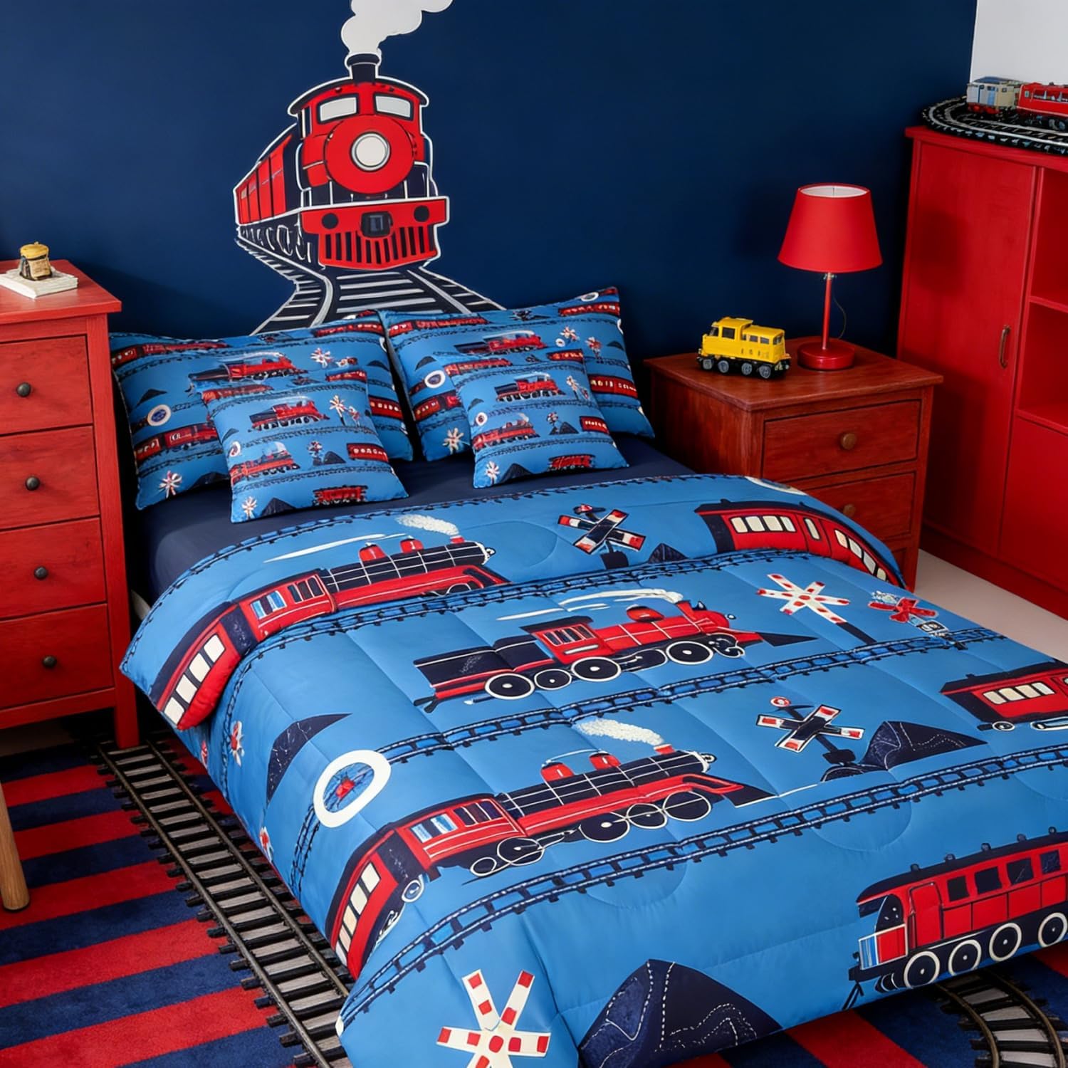 Erosebridal Boys Train Twin Comforter Set Cartoon Car Toddler Bedding Set, Traffic Transportation Track Bed Set (1 Comforter, 1 Flat Sheet 1 Fitted Sheet 2 Pillowcases and 2 Throw Pillow Covers)