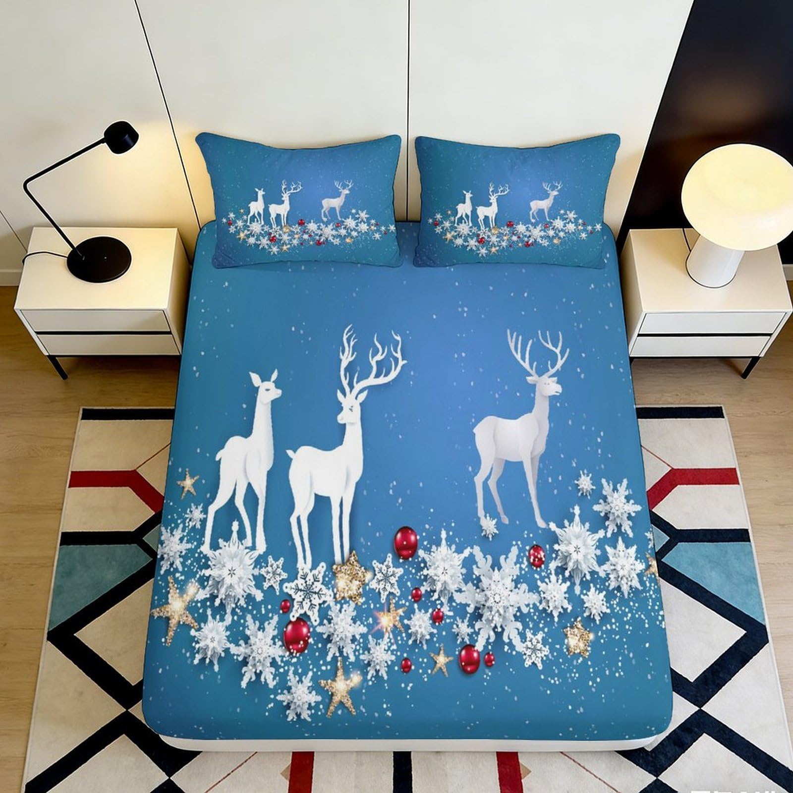 3D Printed Blue Reindeer Snowflake Fitted Sheet Microfiber Soft Bed Sheet for Bedroom Guest Room Decor 90x200x25cm