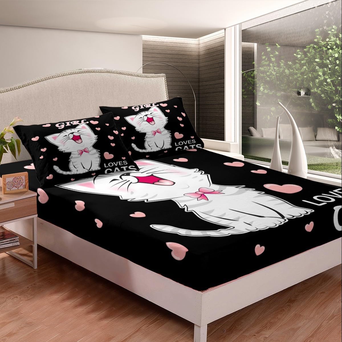 Girls Cat Fitted Sheet Kids Cute Kitten Bed Sheet Set for Children Women Bedroom Cartoon Pet Animal Decor Bedding Set Cat Lover Bed Cover Twin Size with 1 Pillow Case Multi 10 Twin