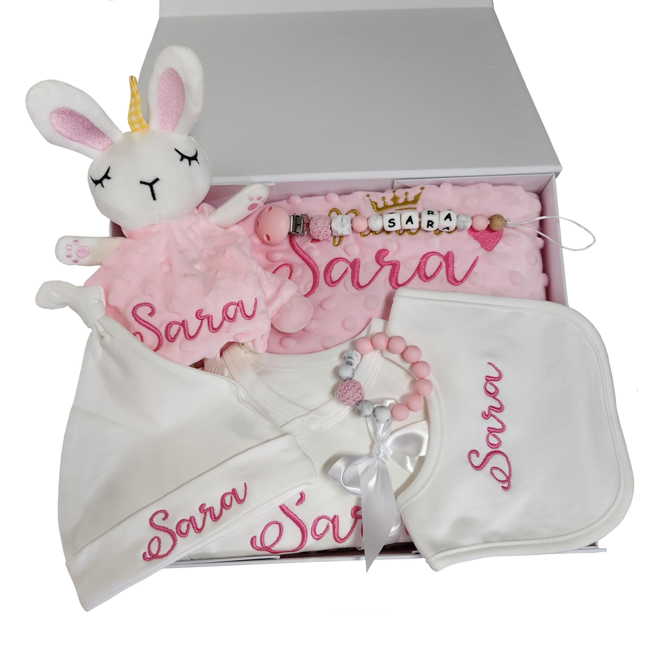 Personalized Newborn Baby Gift Sets, Customized Essential Stuff for Newborn Girl, Custom Embroidered Baby Blanket Onesie Hat Beanie Pacifier Clip Security Blanket with Name