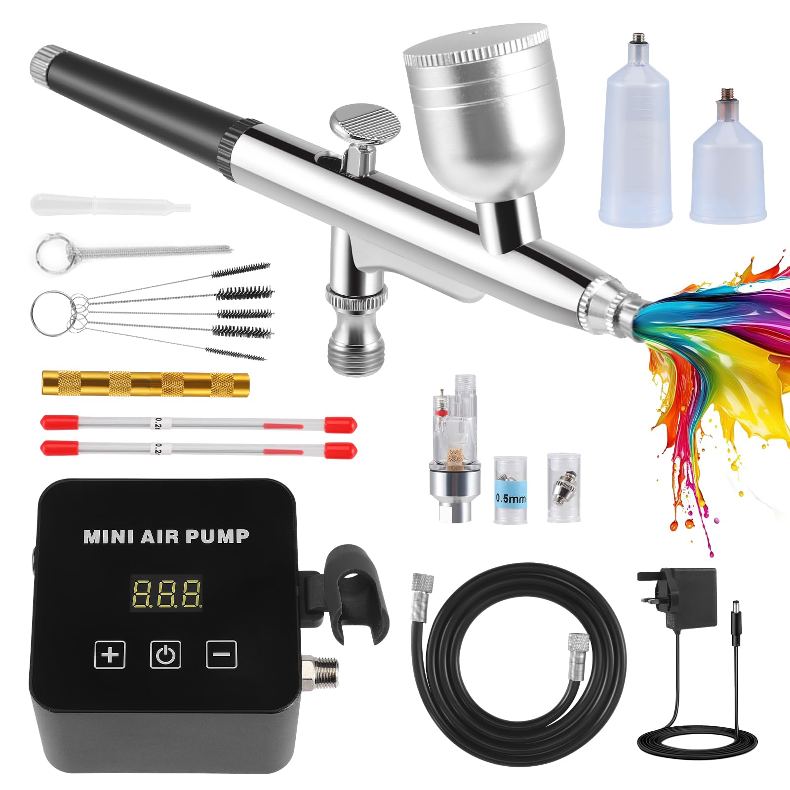 Airbrush Kit with Compressor,Precise Digital 15-25PSI Adjustment Dual-Action Air Brush with 0.2/0.3/0.5mm Nozzles, Non-Clogging Spray Gun for Model Painting, Cake Decorating, Nail Art, Makeup