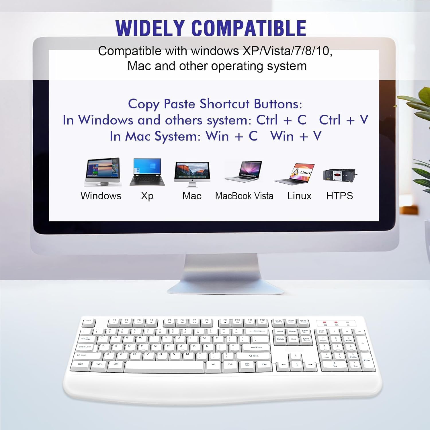 QUASIO Wireless Keyboard, 2.4G Full-Sized Ergonomic Wireless Computer Keyboard with Wrist Rest for Windows, Mac OS Laptop/PC/Desktop/Notebook(Off White)