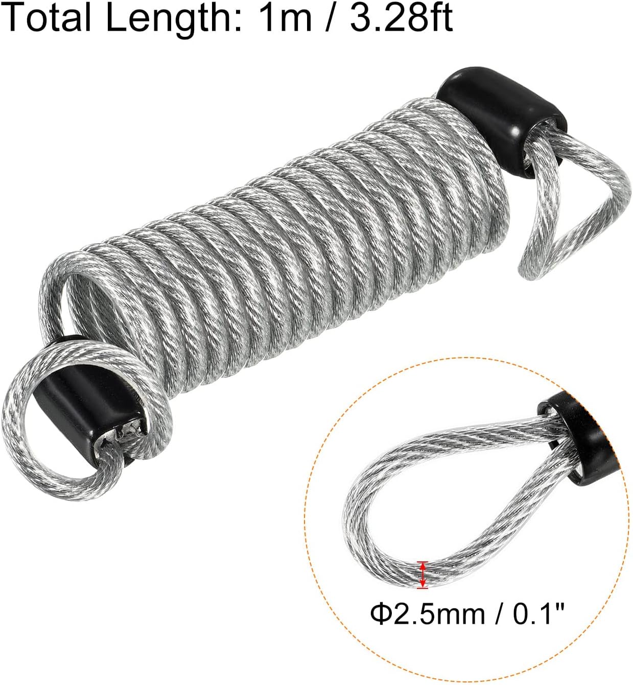 Security Steel Cable 2.5mm x 1m/3.28ft Coated Spring Luggage Lock Wire Rope with Double Loop Transparent