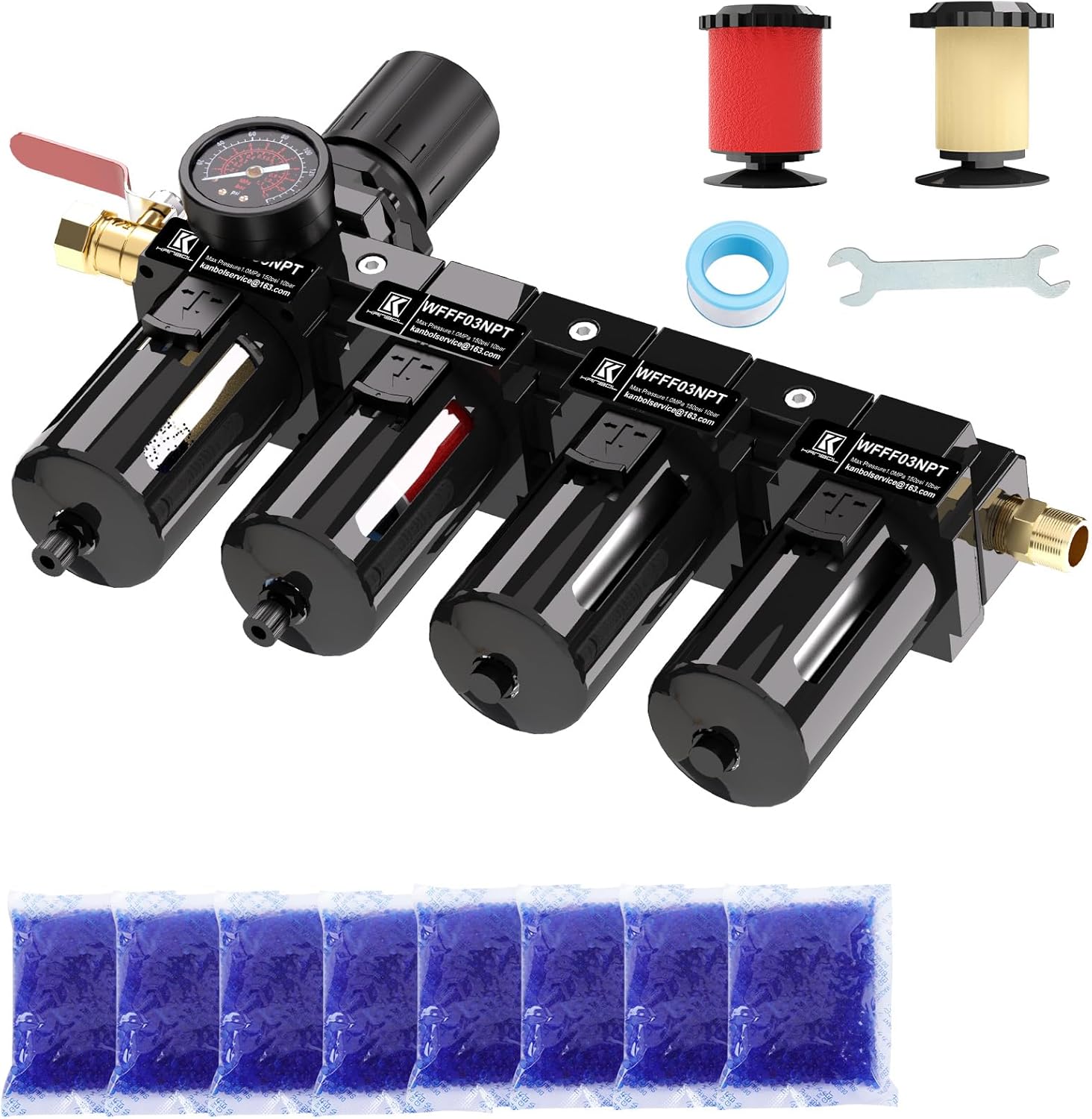 3/8" NPT 4 Stage Filter and Regulator with Pressure Gauge, Air Drying System, 5, 0.01 Micron Brass Filter Cartridge, Air Compressor,Semi-Auto Drain