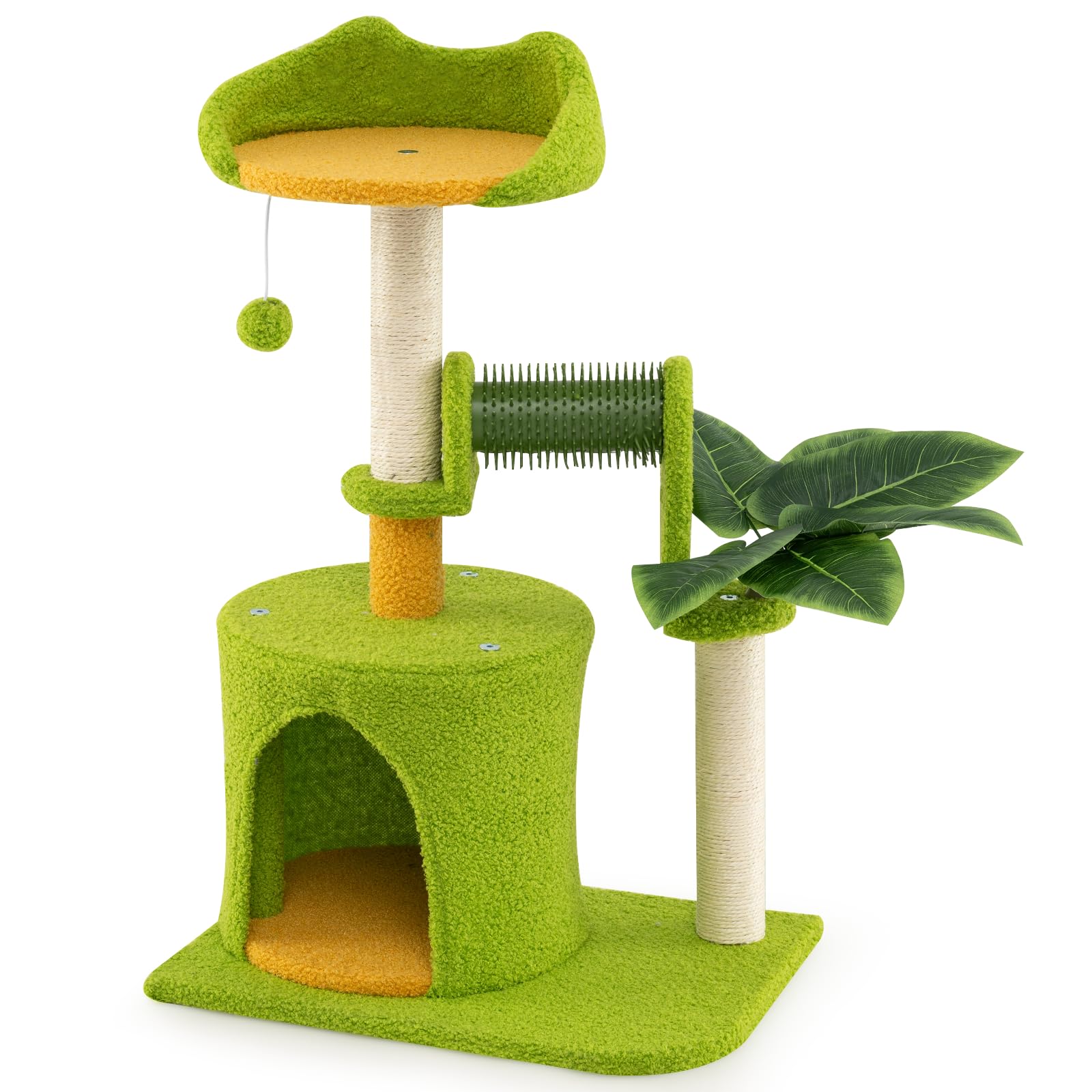 GYMAX Palm Cat Tree for Indoor Cats, Multi-Level Cute Kitty Tower with Artificial Leaves, Condo, Perch, Sisal Scratching Posts, Self-groomer, Plush Pompom, Pet Playhouse Activity Center (79 cm Tall)