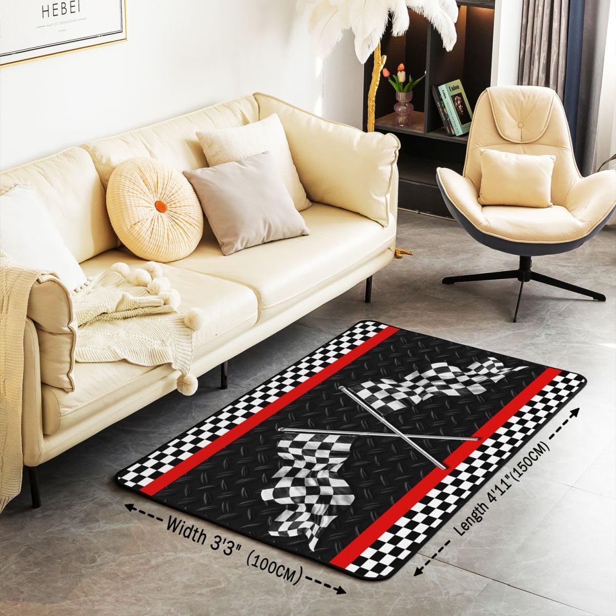 Race Car Play Mat 4'11" x 3'3" for Boys Bedside,Black White Grid Flag Non Slip Rug Kids Play Rugs,Geometric Checkered Carpet Fun Mat for Kid,Racing Car Decorative Accent Rug for Bedroom Playroom