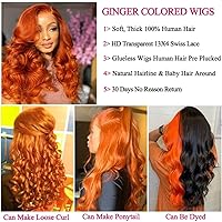Vista 4 de Ofertas de liquidación - Pelucas de cabello humano con encaje frontal de 20 pulgadas, color naranja jengibre de 13 x 4, ondulado, HD, sin pegamento