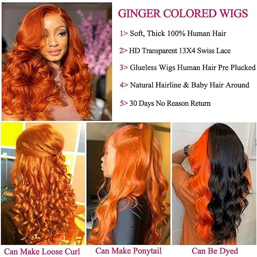 Miniatura 4 de Ofertas de liquidación - Pelucas de cabello humano con encaje frontal de 20 pulgadas, color naranja jengibre de 13 x 4, ondulado, HD, sin pegamento
