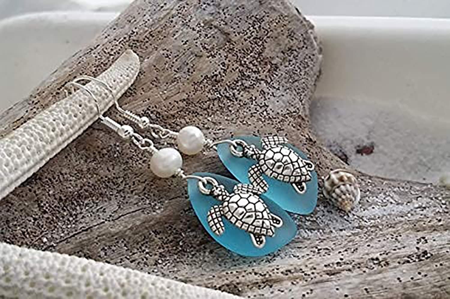 Handmade in Hawaii,"Twin Turtles" Turquoise Bay blue sea glass earrings, Natural pearls,"December Birthstone",(Hawaii Gift Wrapped, Customizable Gift Message)