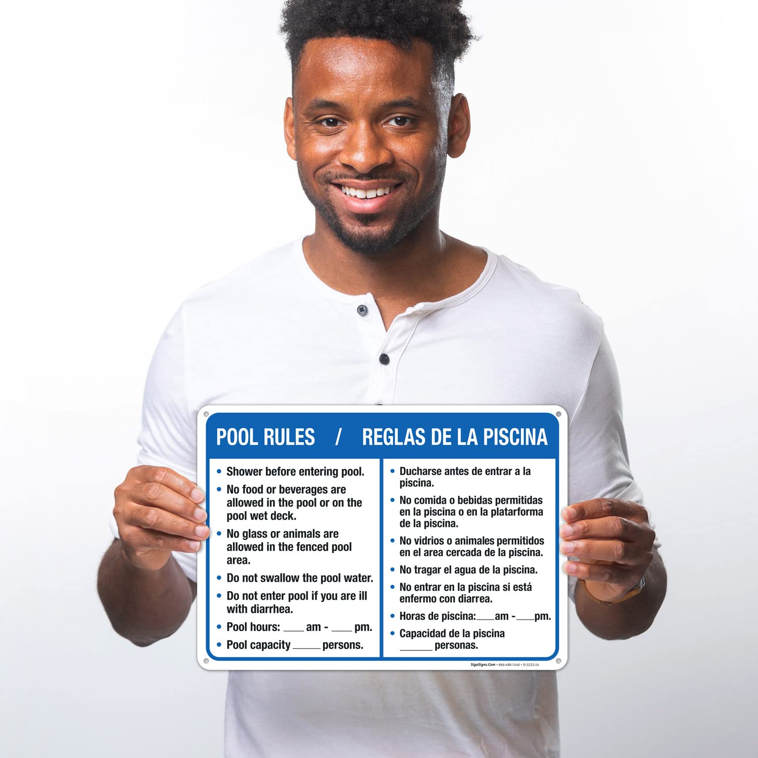 Swimming Pool Rules Bilingual Sign, Spanish English, 10x14 Inches, 55 mil Thick HDPS (high Density polystyrene), Made in USA