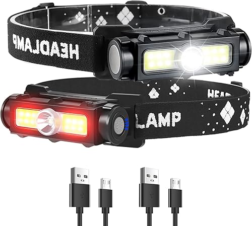 XLENTGEN Paquete de 2 faros delanteros recargables de 1000 lúmenes LED con luz roja, 7 modos magnéticos manos libres, linterna frontal impermeable