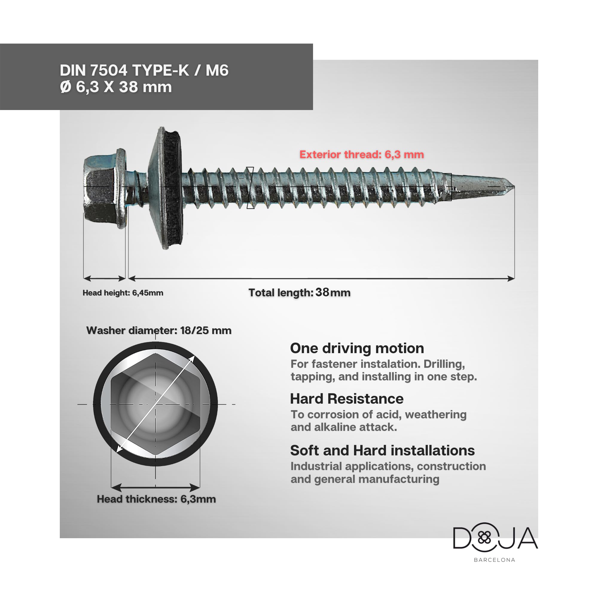 DOJA Barcelona Hex head drilling screws, metal self drilling screws, Self tapping with washer, Hex head, metal - Image 3