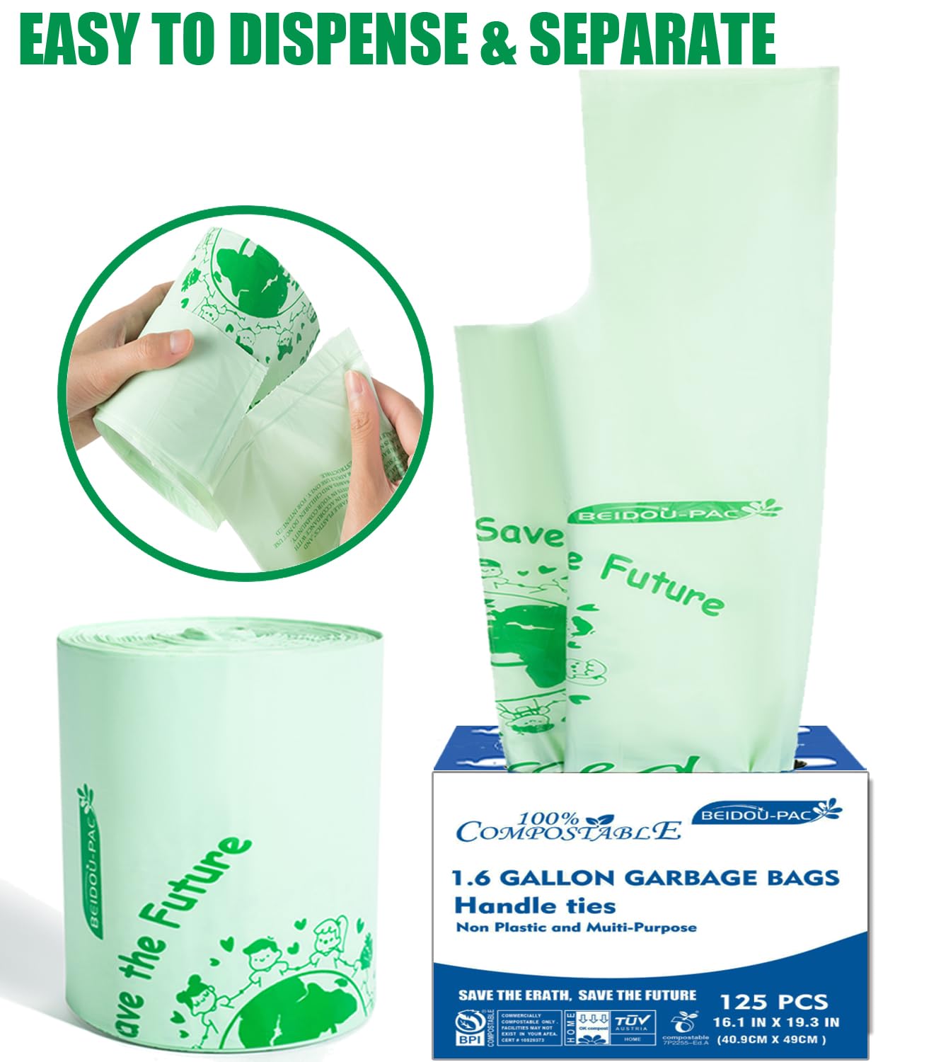 BEIDOU-PAC Bolsas de basura compostables de 1.6 galones con asa, 125 bolsas pequeñas de compost, bolsas de basura biodegradables para cocina, bolsas de basura de comida para cubo de encimera, ASTM