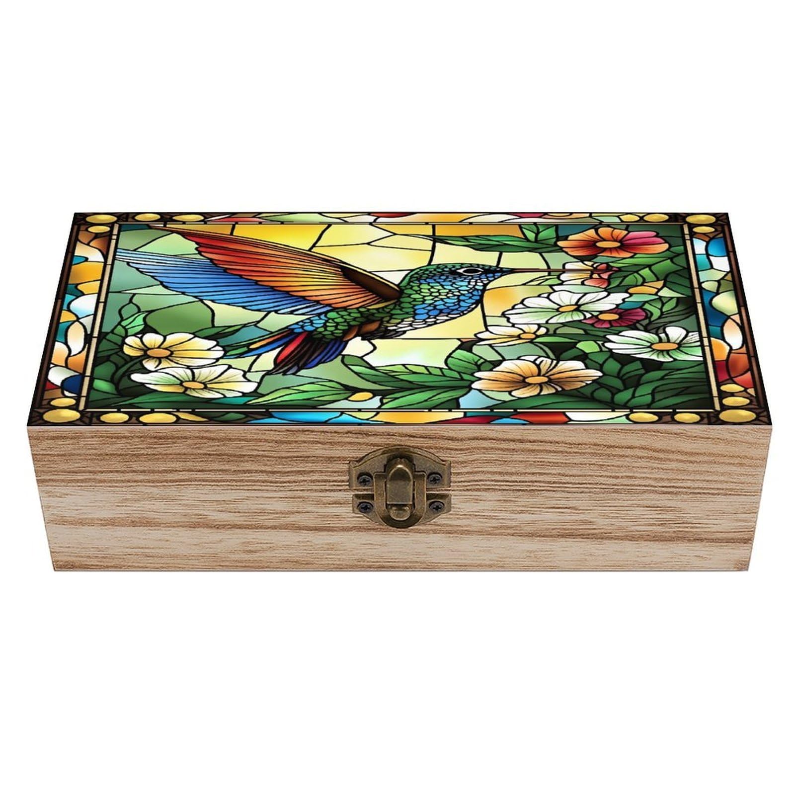 HLBSDM Stained Hummingbird Floral Vintage Wooden Keepsake Box with Hinged Lid And Locking Clasp, Decorative Storage Box for Jewelry, Trinkets And Small Accessories, Organizer for Home Or Wedding