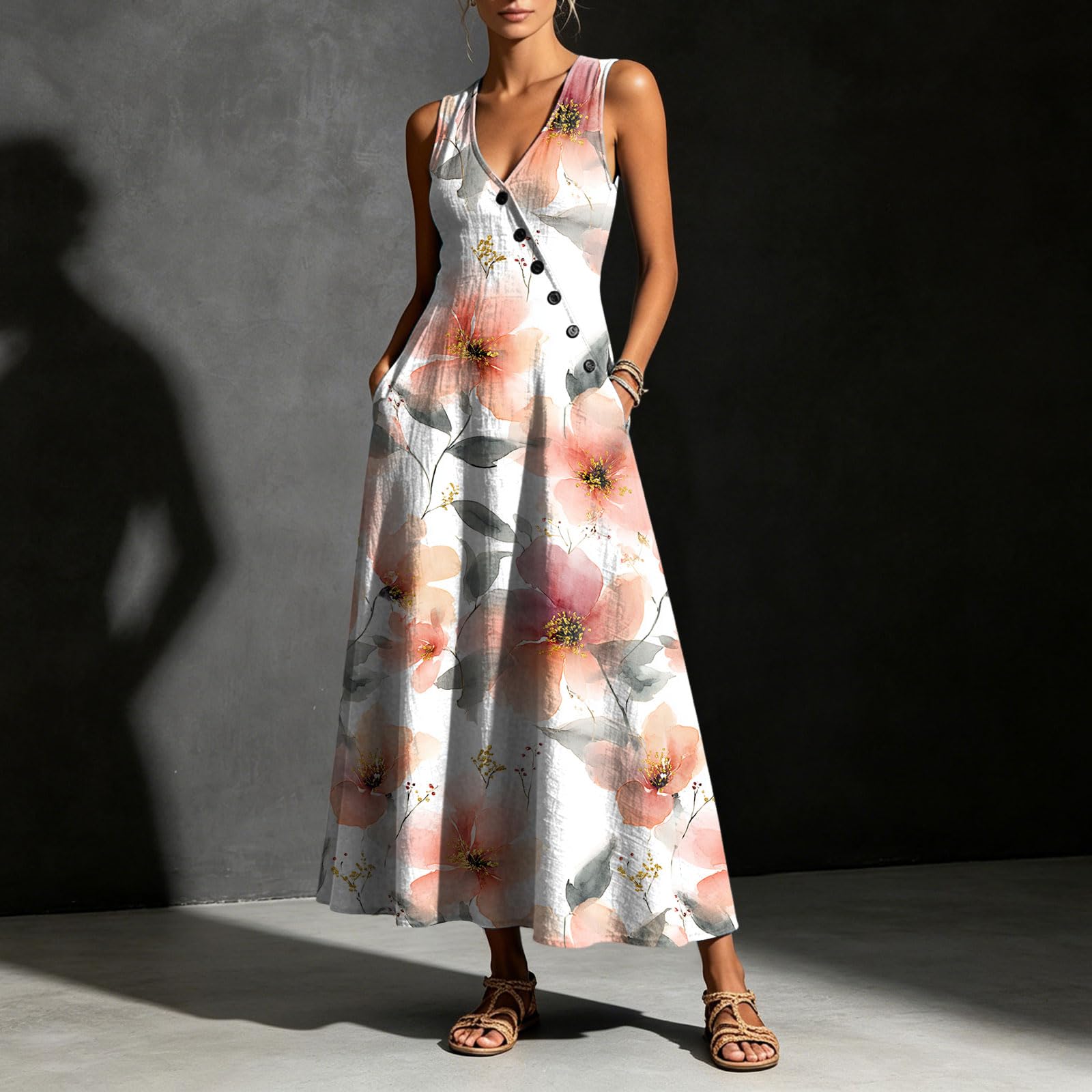 Abbigliamento Estivo Abito Estivo da Donna Senza Maniche con Fantasia Floreale, Bottoni Asimmetrici e Scollo a V. Vestito Mare Donna
