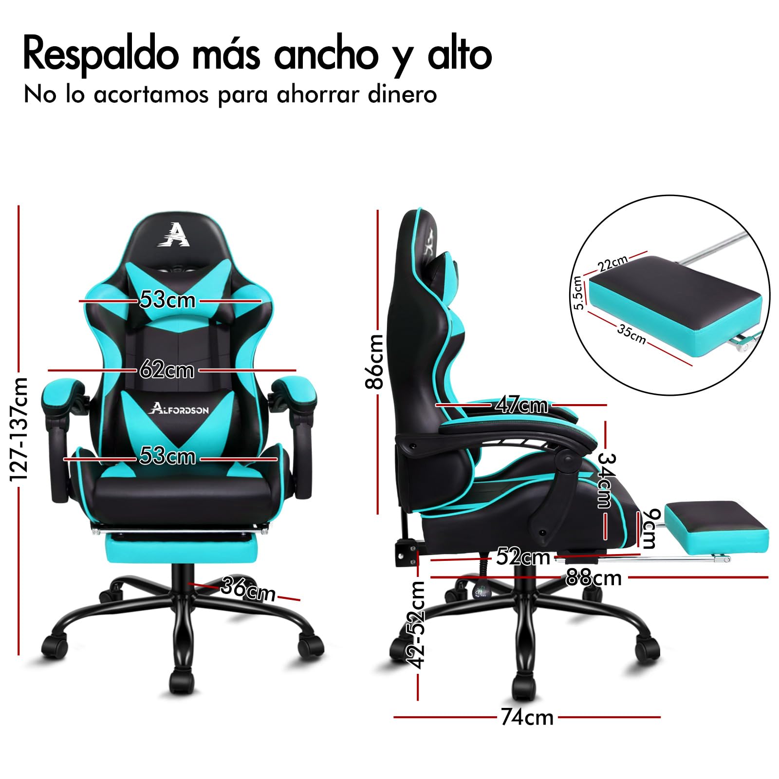 ALFORDSON Silla Gaming Escritorio con Masajeador, Silla Gamer Ergonómica Cojín Lumbar y Cervical, Reposapiés Retráctil, Ruedas Giratorias 360°, para Oficina, Videojuego, Ordenador, Cuero PU(Cian)