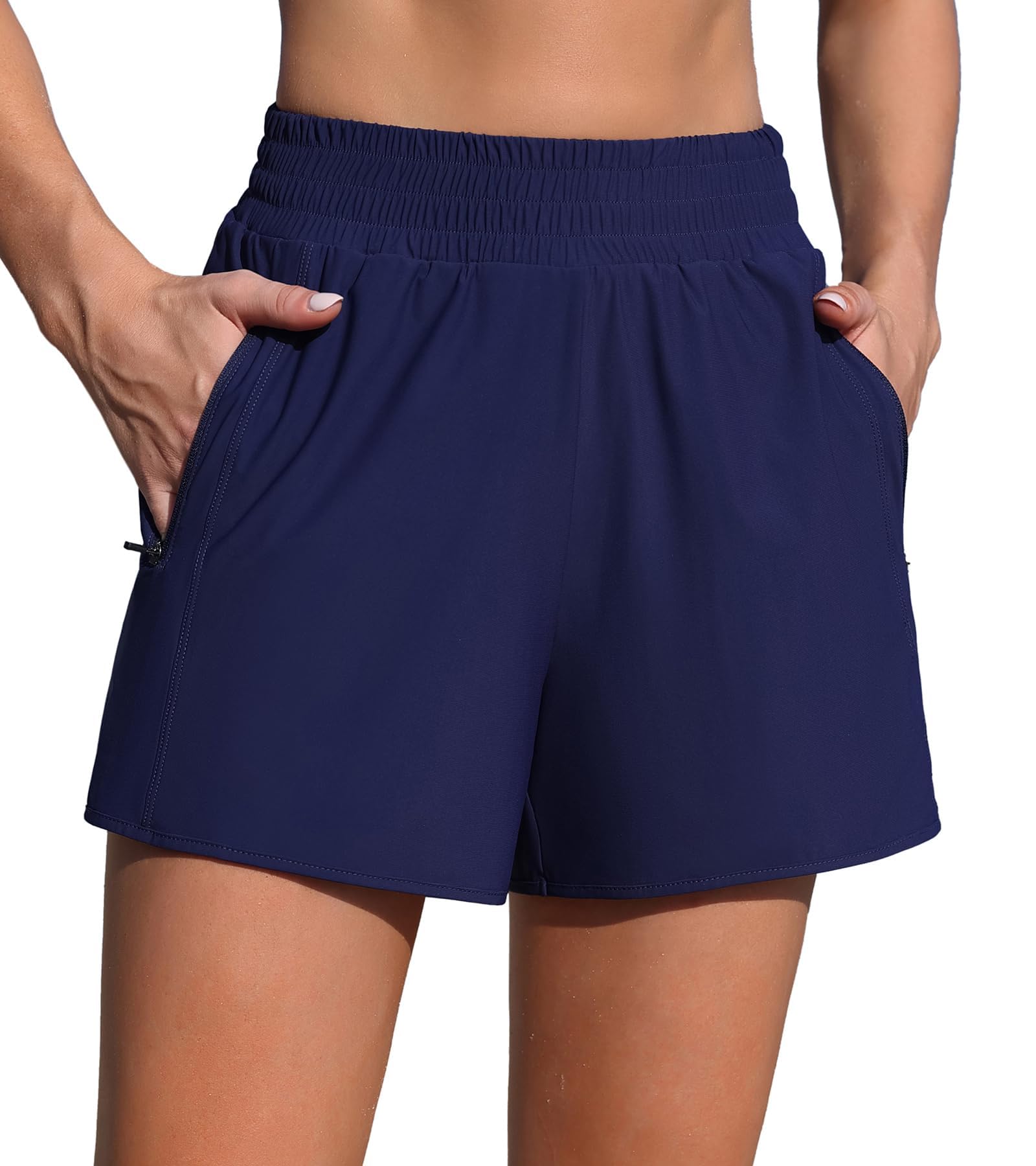 Charmo Badeshorts Damen Schwimmshorts High Waist Badehose Frauen Sommer Bikini Shorts Kurze Boardshorts mit Innenslip Taschen