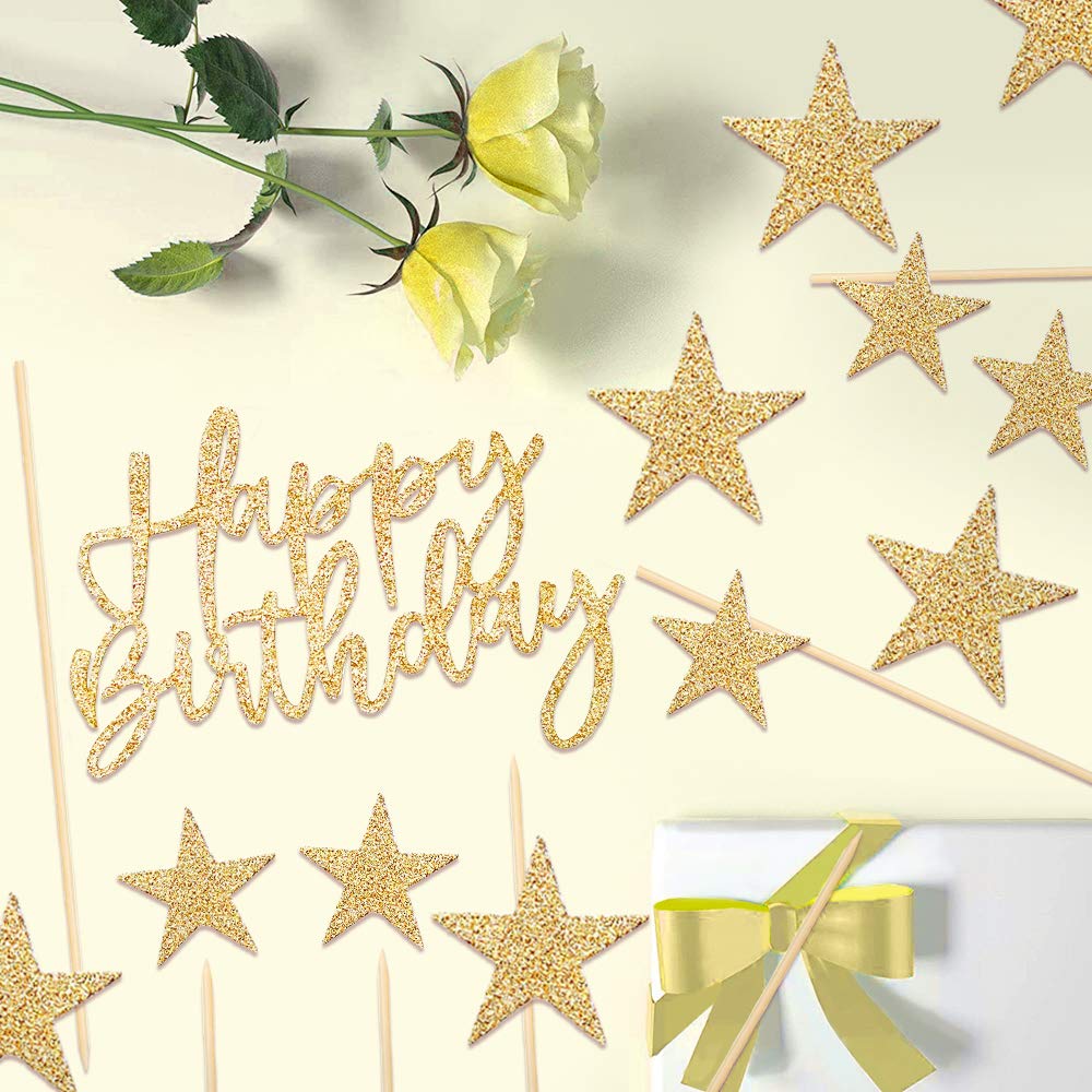 Gold Happy Birthday Cake Toppers, 2 Sets Glitter Cake Topper Banner for