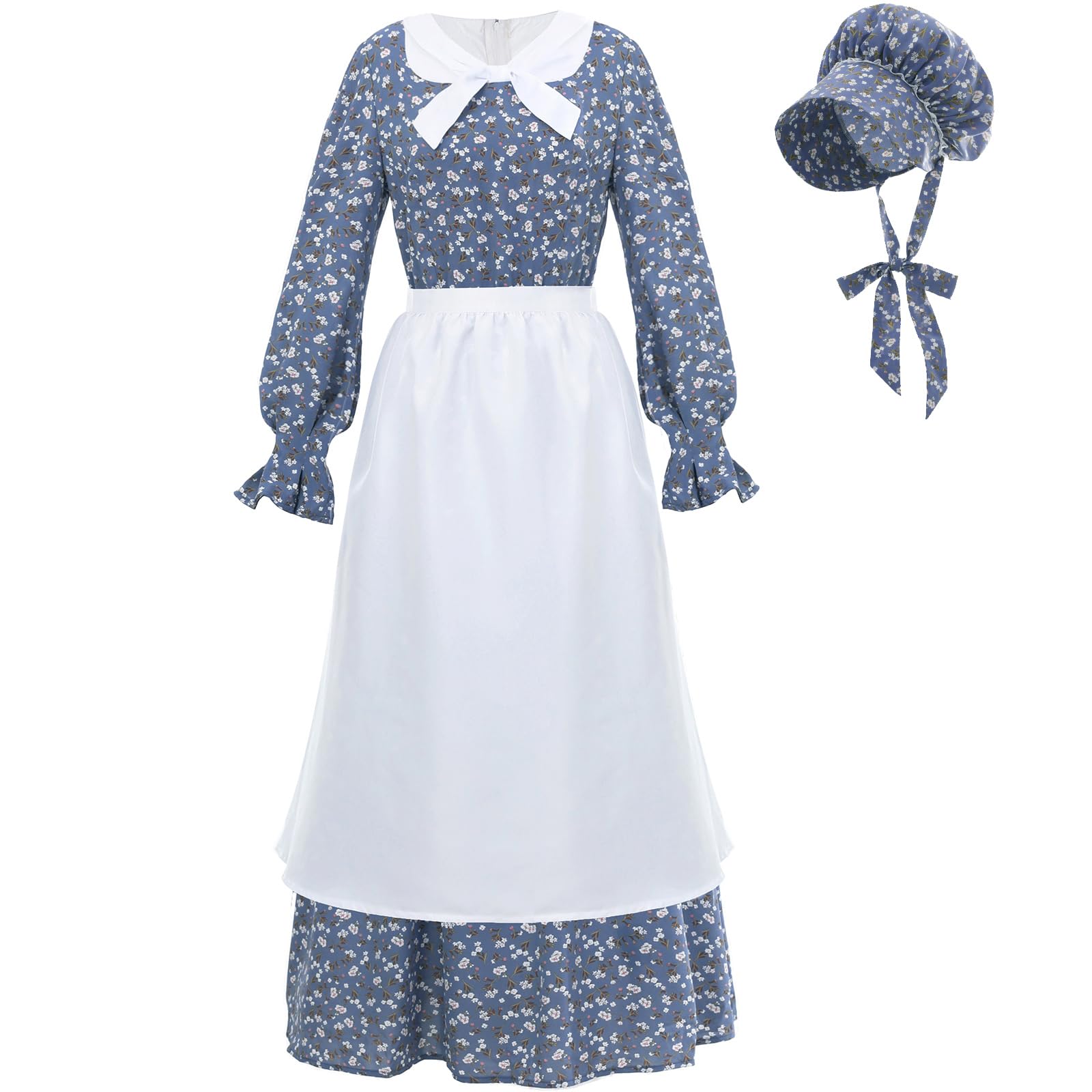 Photo 1 of CR ROLECOS Pioneer Prairie Dress Women Colonial Pilgrim Costume 1800s Civil War Amish Historical Old Fashioned Floral Dresses with Bonnet Apron 3 Piece Set for Pioneer Trek Events, Blue L