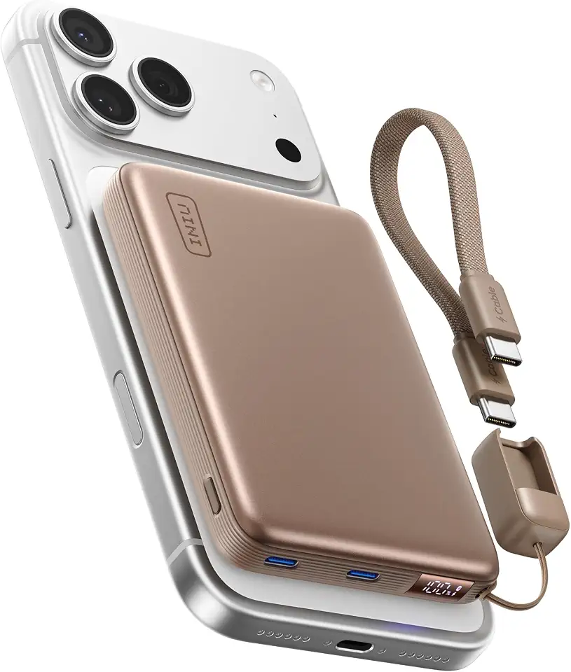 INIU Magnetic Power Bank, Slim Qi2 25W 10000mAh Magnetic Portable Charger, Fast Charging Wireless USB C in&Out Battery Pack only for iPhone 17/16/15/14/13/12 Series [Brown]