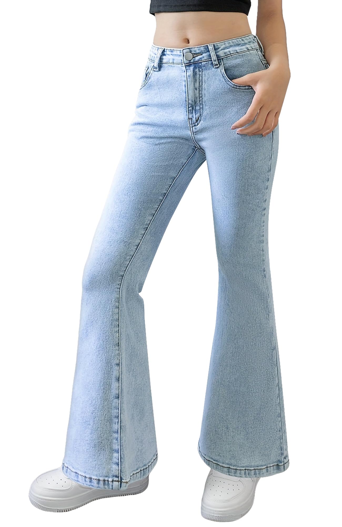 Happy Cherry Pantalones de mezclilla acampanados para niñas y adolescentes, pantalones elásticos ajustados con bolsillo de 7 a 14 años