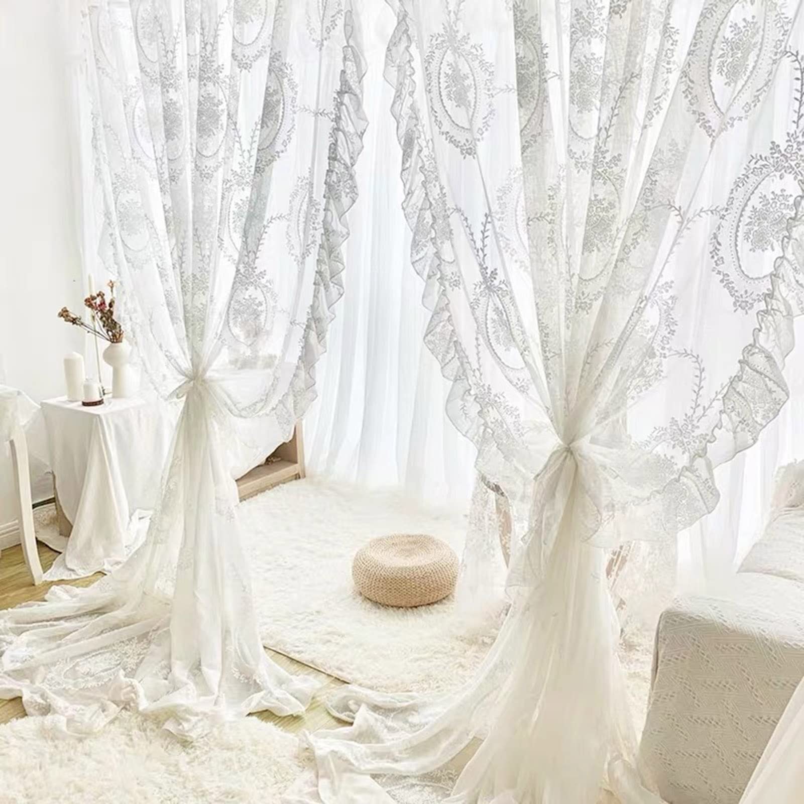 SLOW SOUL Set di 2 eleganti uccelli ricamati bianchi 3D tende di lusso per camera da letto Soggiorno Tende di fattoria Tenda con tasca per asta 132 x 213 cm (L x A