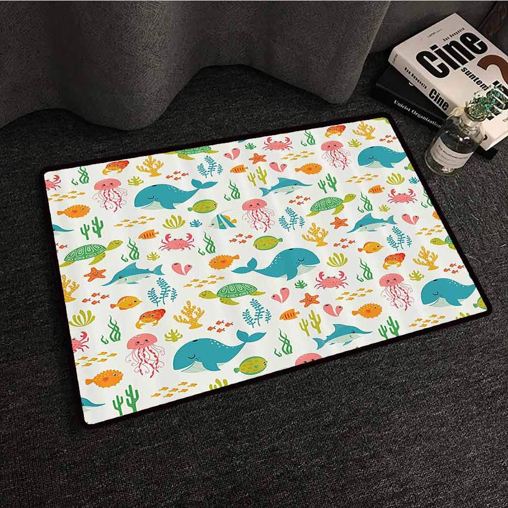 Cartoon Decor Collection Interesting doormat Underwater Animals Aquatic Marine Life with Crabs Sea Stars Fish Illustration Super absorbent mud W30"xL39" Teal Green Yellow