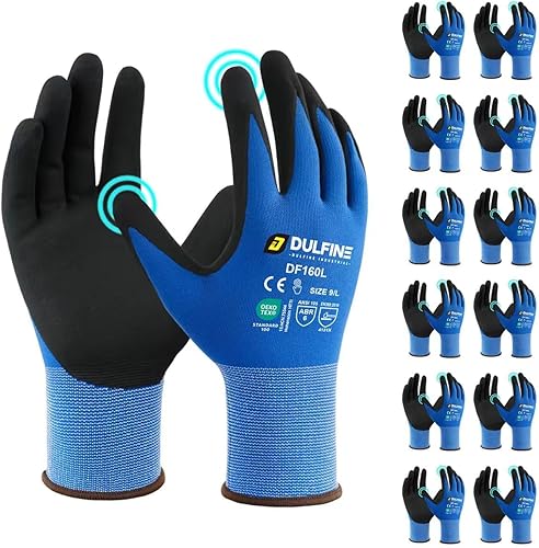 Guantes de trabajo de seguridad con revestimiento de nitrilo de microespuma, paquete de 12 pares, guantes de nailon de punto sin costuras azules con